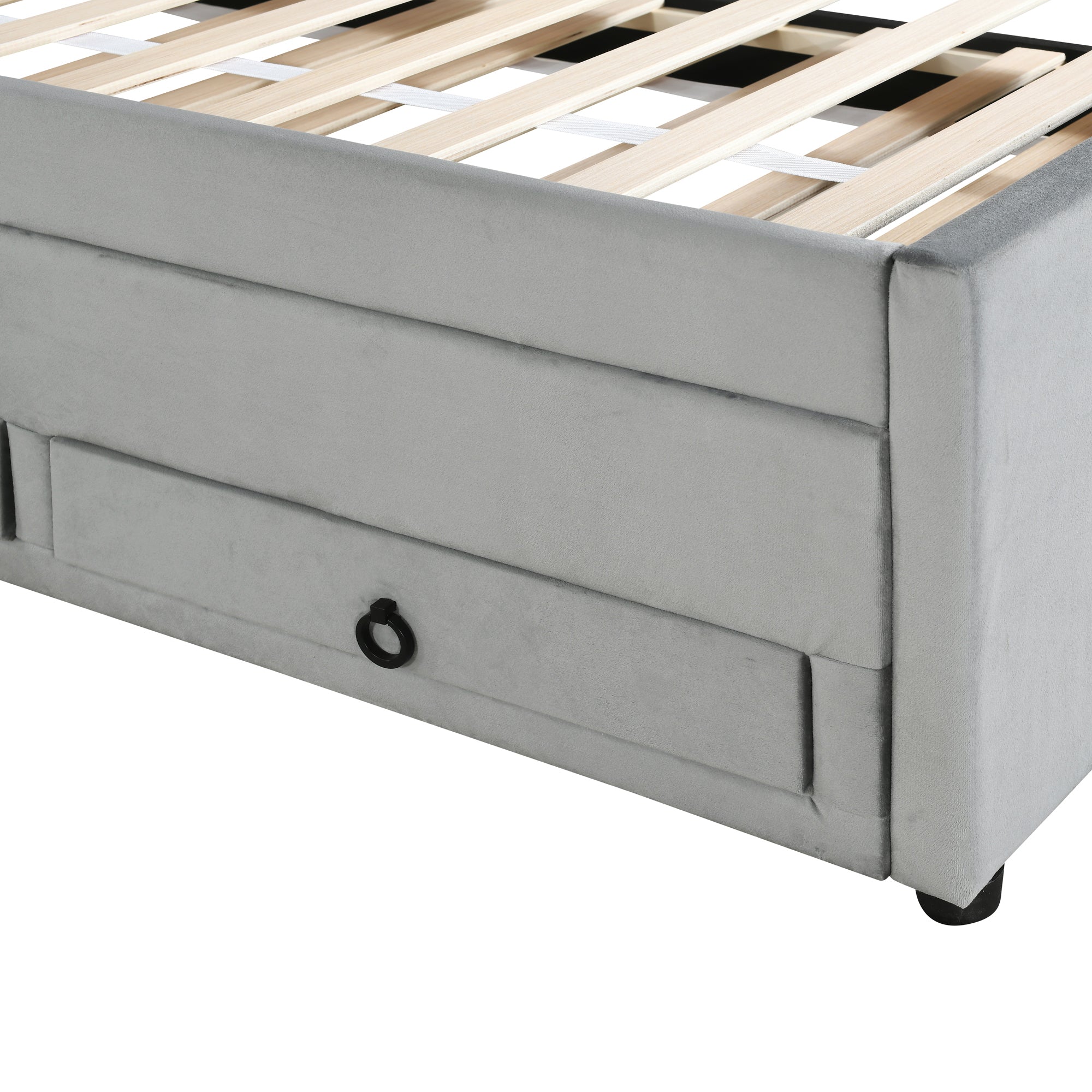Twin Size Upholstered Platform Bed with Trundle and 3 Drawers, Rabbit-Shaped Headboard with Embedded LED Lights, Gray - Atlantic Fine Furniture Melbourne FL
