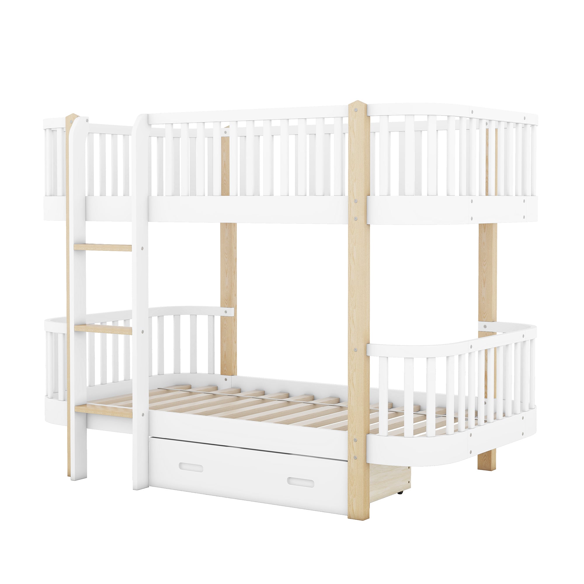 Wood Twin over Twin Bunk Bed with Fence Guardrail and a Big Drawer, White - Atlantic Fine Furniture Melbourne FL