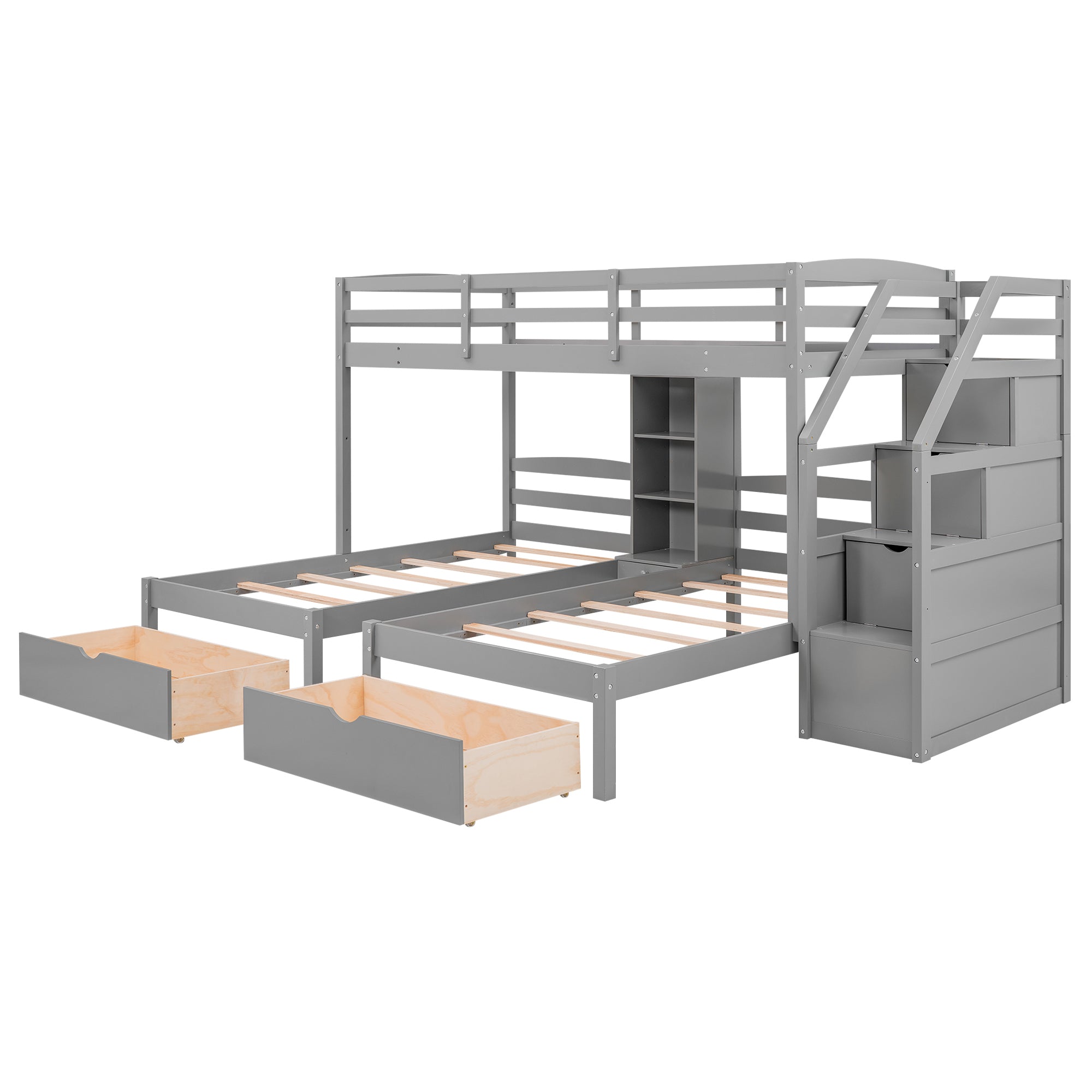 Twin over Twin&Twin Bunk Bed, Triple Bunk Bed with Drawers, Staircase with Storage, Built-in Shelves, Gray - Atlantic Fine Furniture Melbourne FL