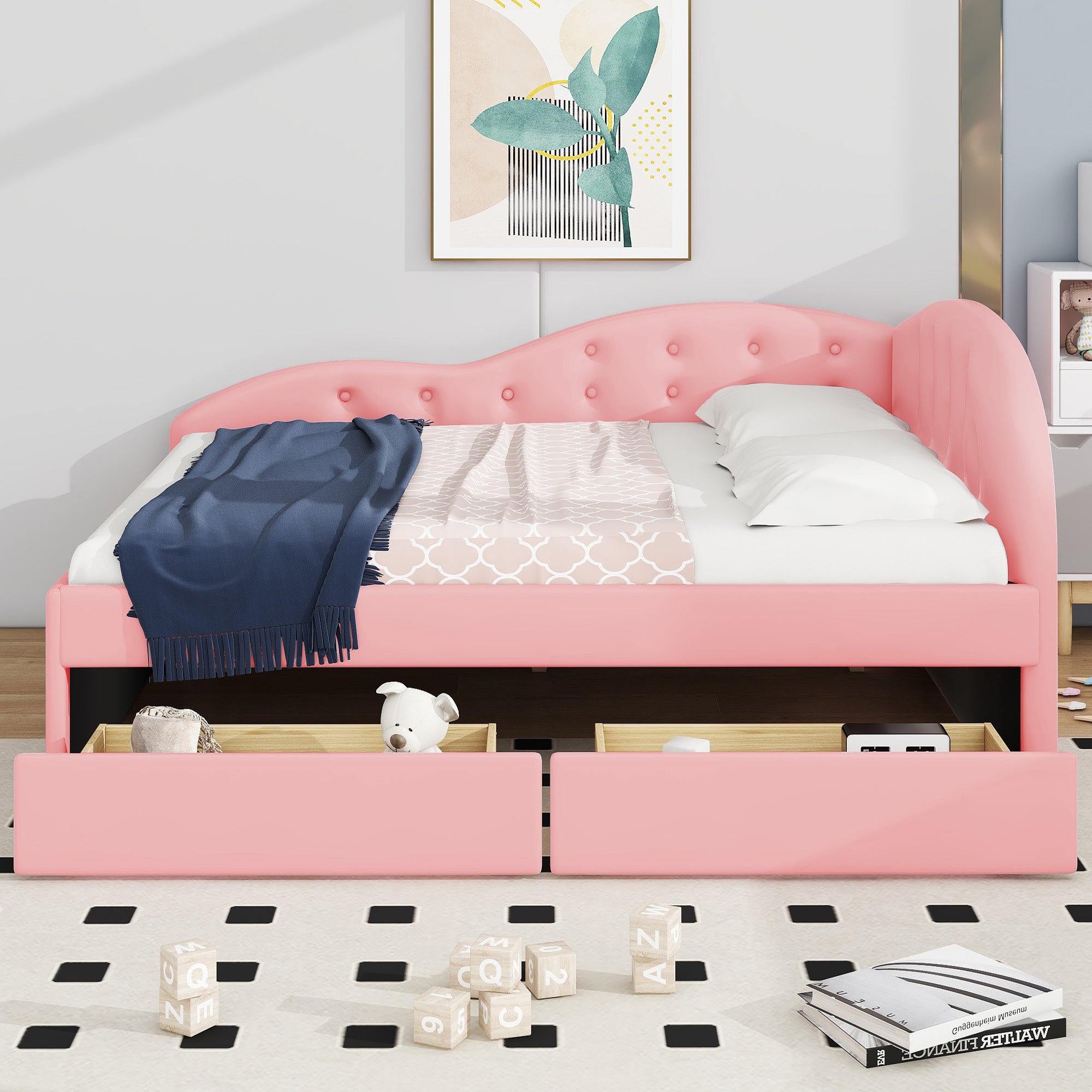 Full Size PU Upholstered Tufted Daybed with Two Drawers and Cloud Shaped Guardrail, Pink - Atlantic Fine Furniture Melbourne FL