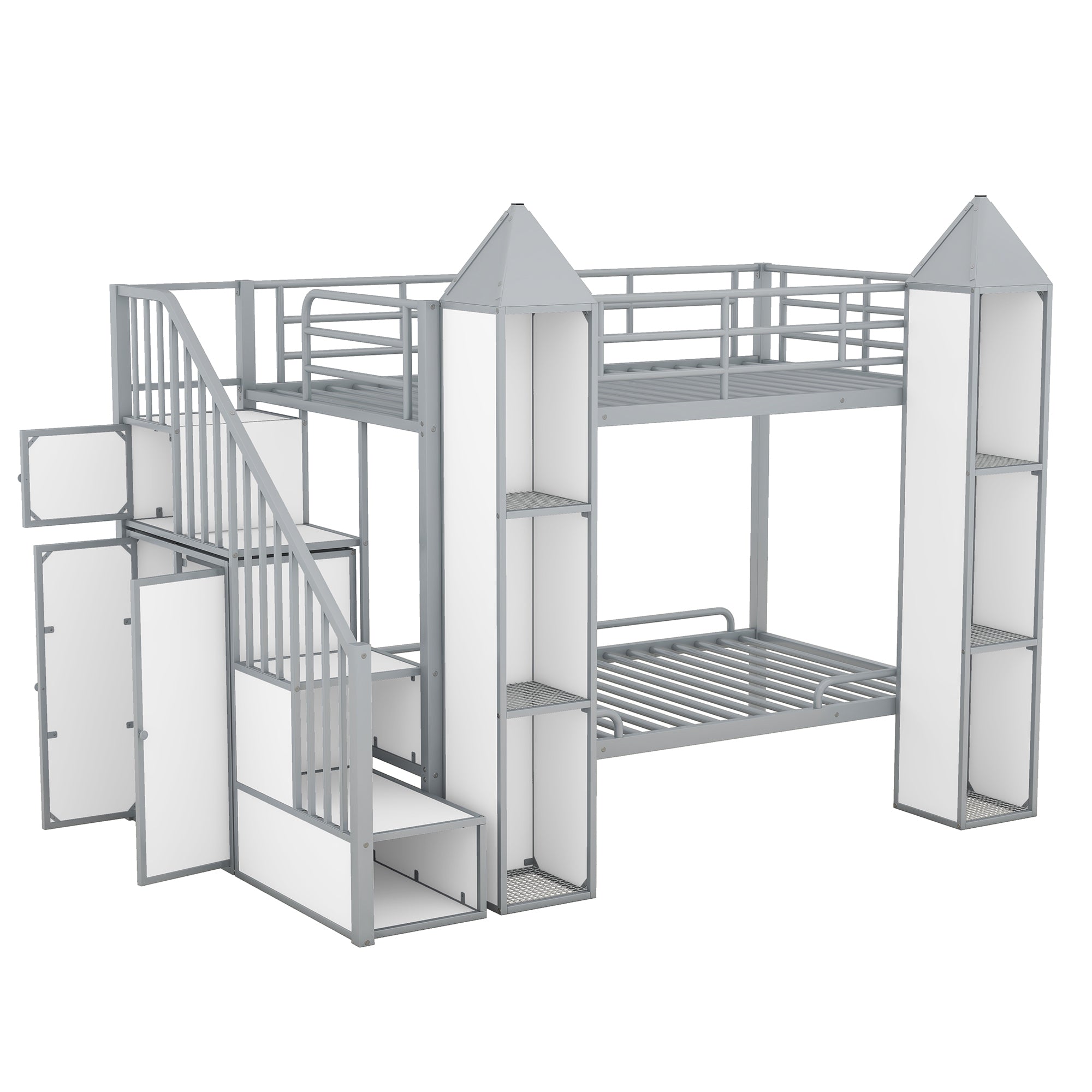 Metal Twin over Twin Castle-shaped Bunk Bed with Wardrobe and Multiple Storage, Gray+White - Atlantic Fine Furniture Melbourne FL