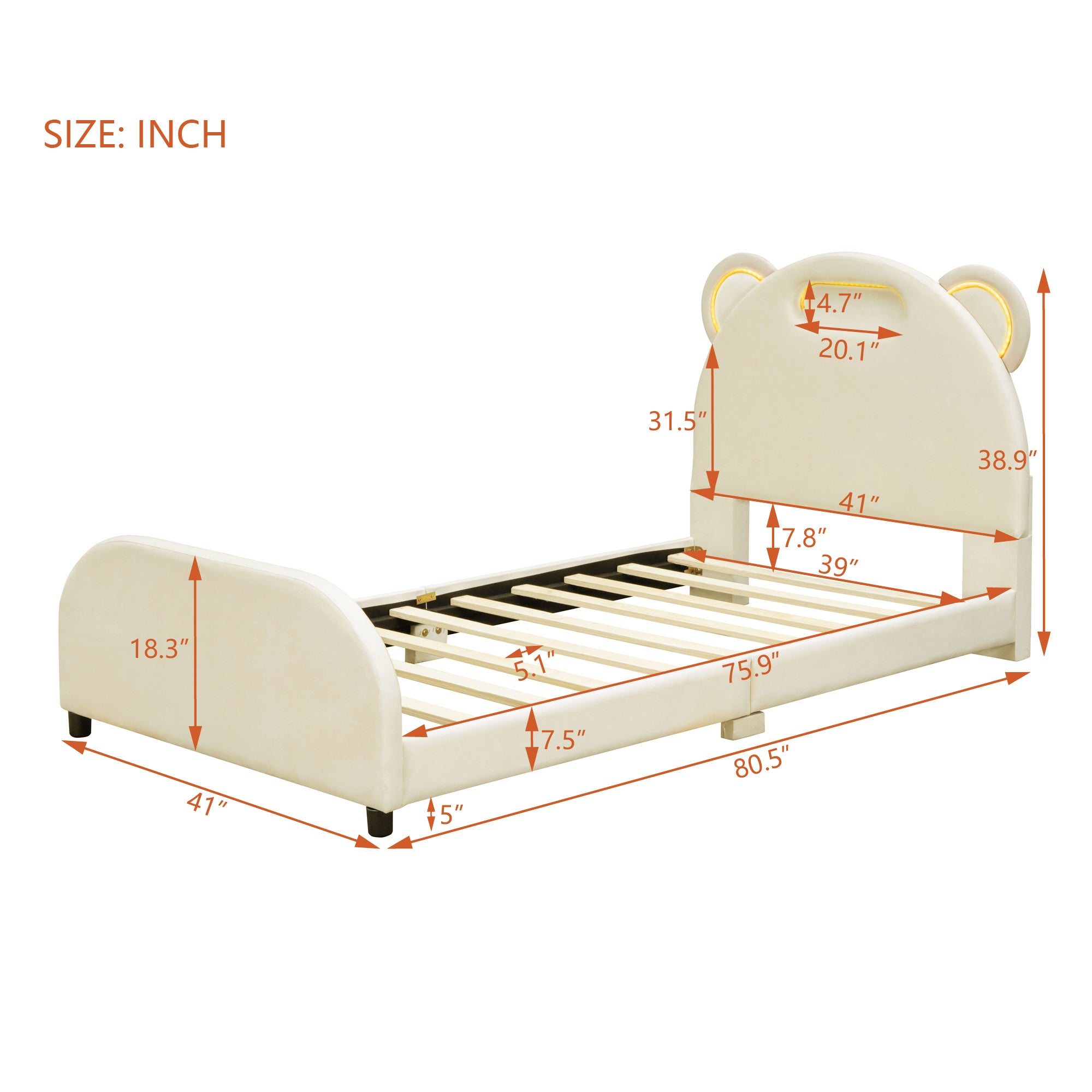 Twin Size Upholstered Platform Bed with Bear-Shaped Headboard and Embedded Light Stripe, Velvet, Beige - Atlantic Fine Furniture Melbourne FL