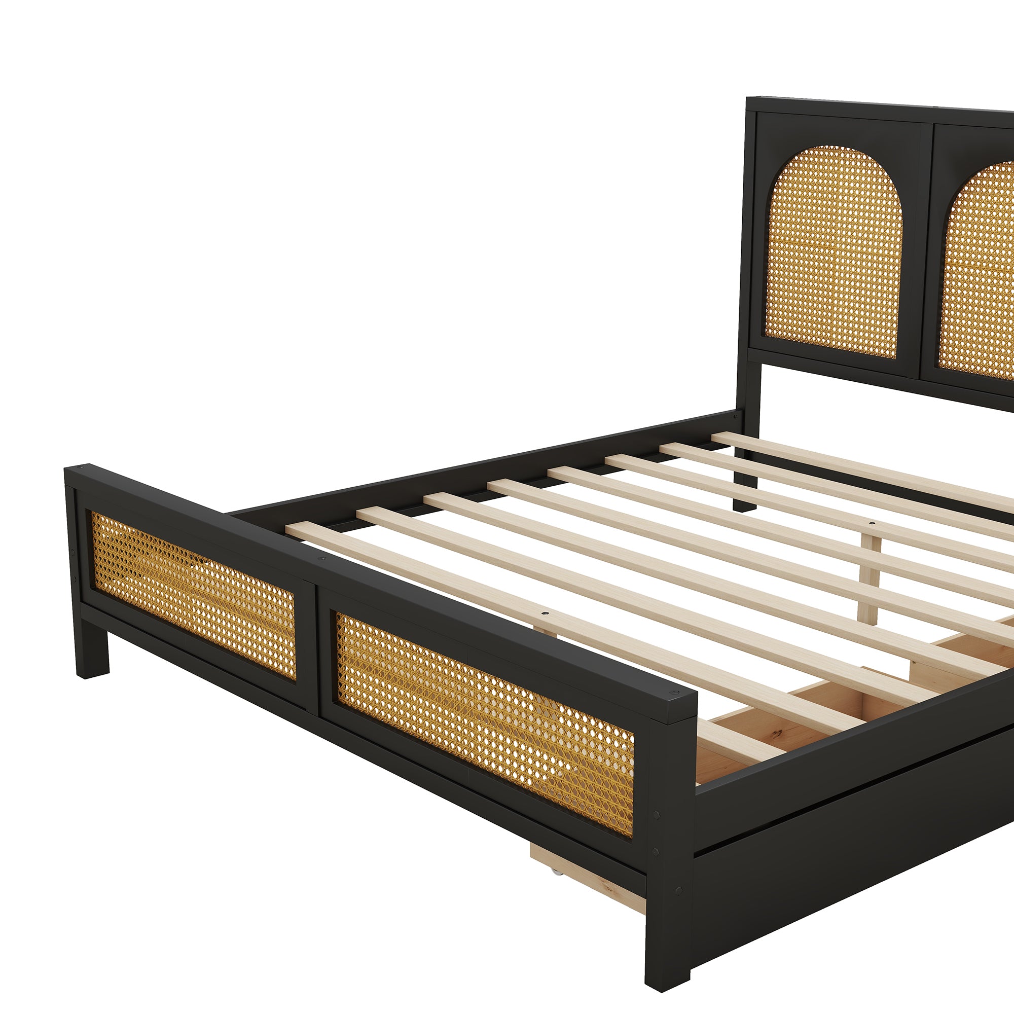 Queen Size Wood Storage Platform Bed with 2 Drawers, Rattan Headboard and Footboard, Black - Atlantic Fine Furniture Melbourne FL