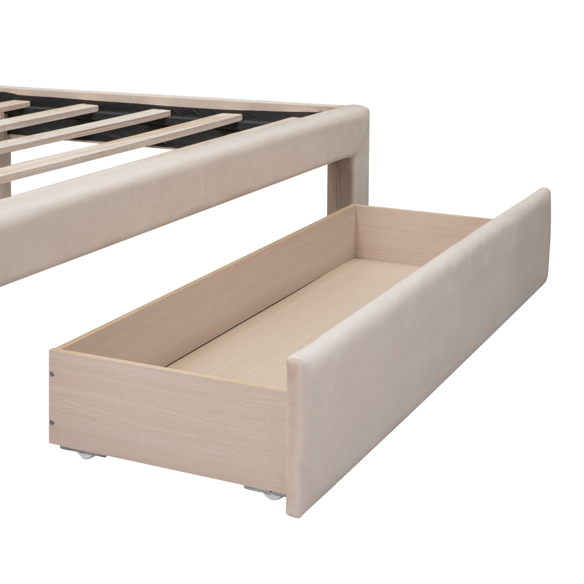 Queen Size Storage Bed Velvet Upholstered Platform Bed with a Big Drawer - Beige