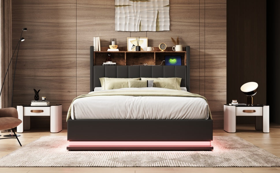 Full Size Upholstered Platform Bed with Storage Headboard and Hydraulic Storage System, PU Storage Bed with LED Lights and USB charger, Black - Atlantic Fine Furniture Melbourne FL