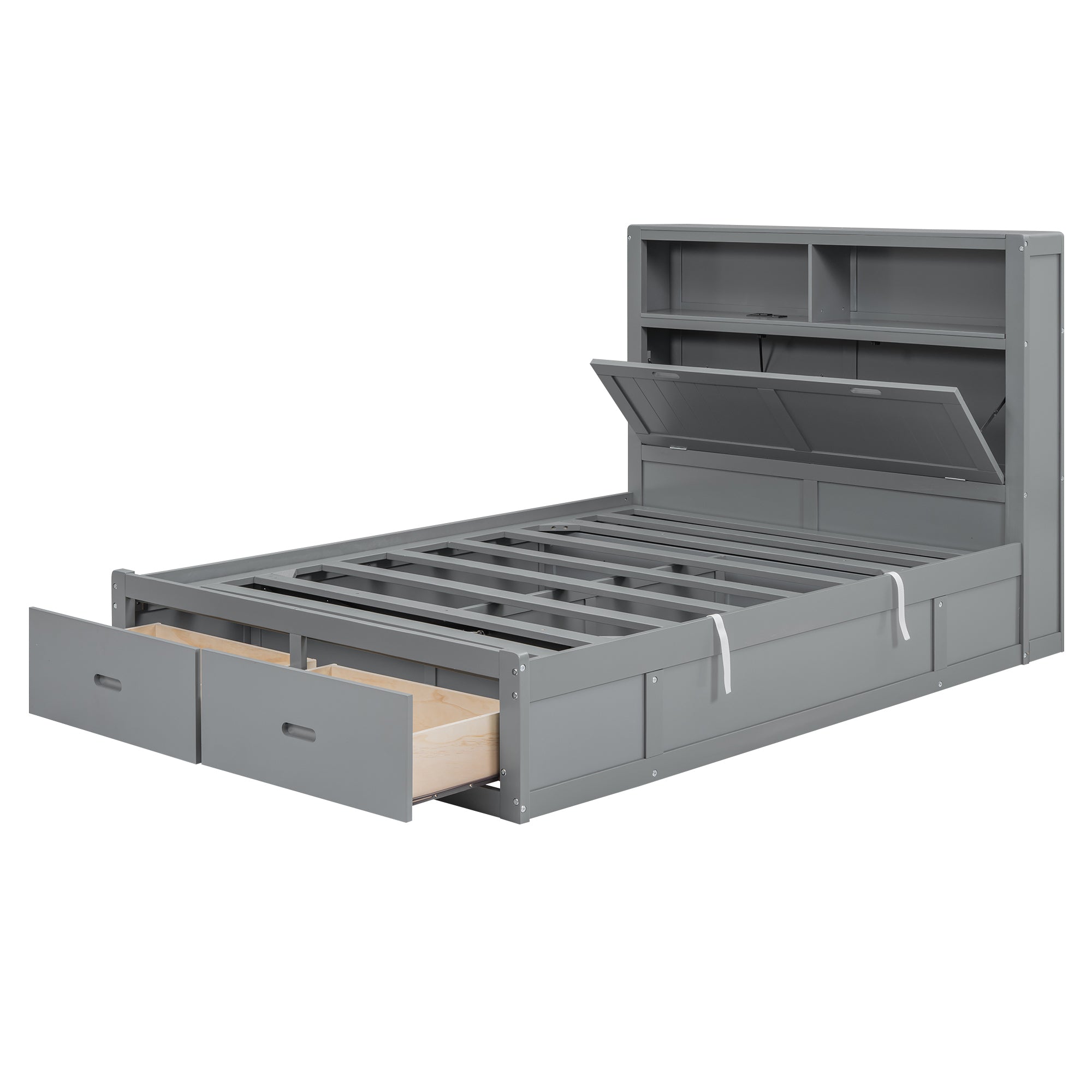 Wood Queen Size Hydraulic Platform Bed with Storage LED Headboard, Charging Station and 2 Drawers, Gray - Atlantic Fine Furniture Melbourne FL