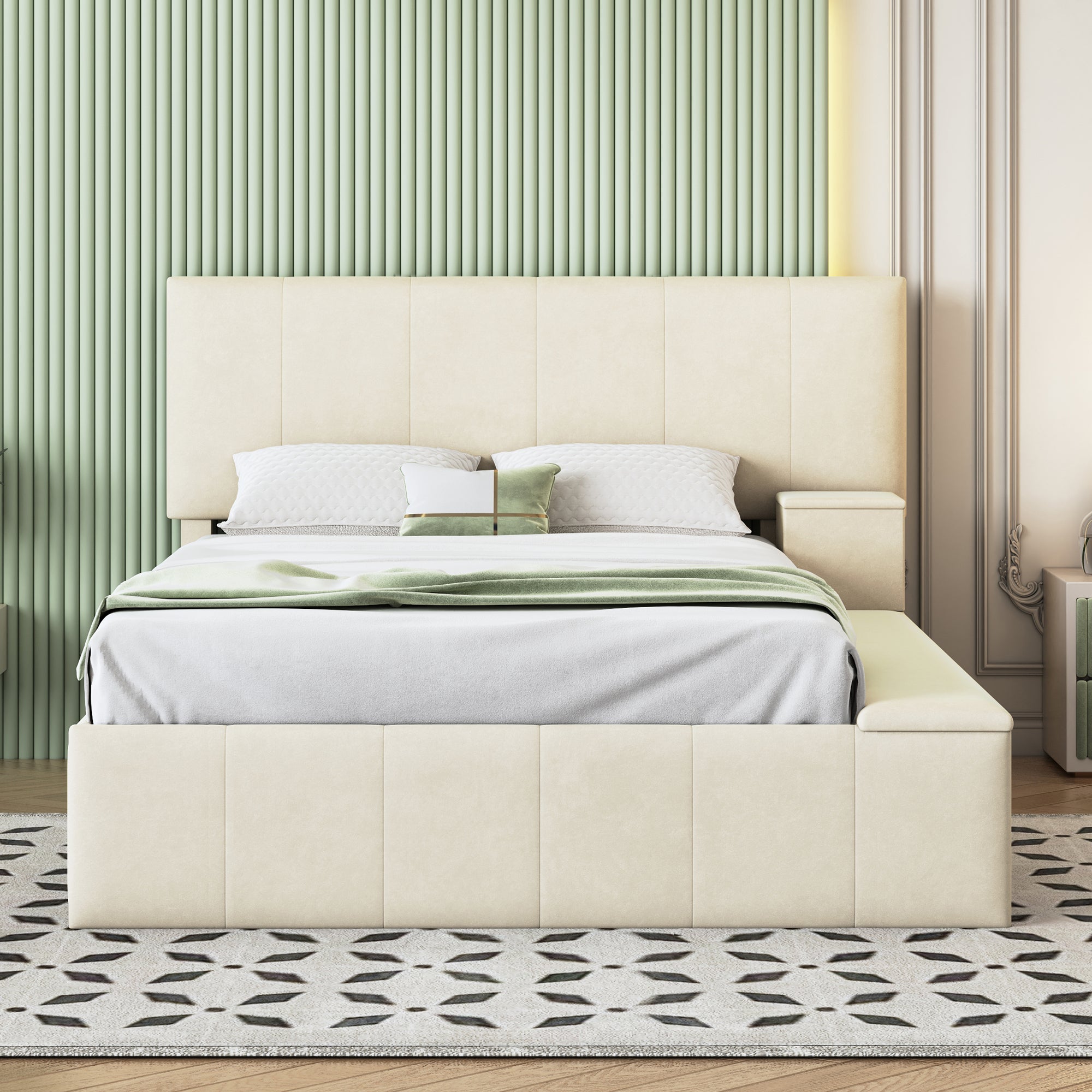 Full Size Upholstered Platform Bed with Lateral Storage Compartments and Thick Fabric, Velvet, Beige - Atlantic Fine Furniture Melbourne FL