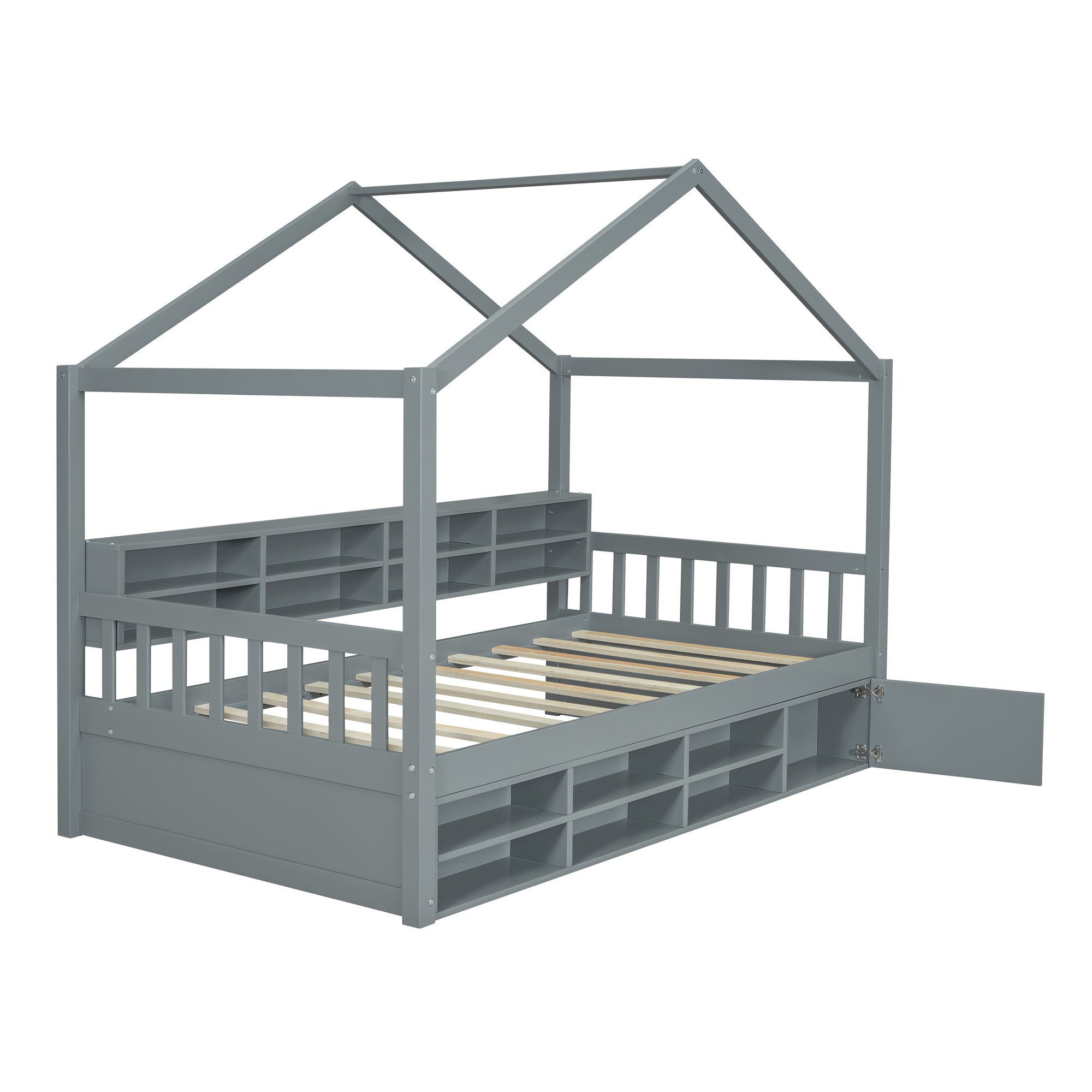 Twin Size Wooden House Bed with Shelves and a Mini-cabinet, Gray - Atlantic Fine Furniture Melbourne FL