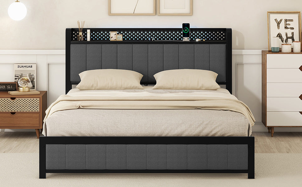 Queen Bed Frame with LED Headboard, Upholstered Bed with 4 Storage Drawers and USB Ports, Dark Grey - Atlantic Fine Furniture Melbourne FL