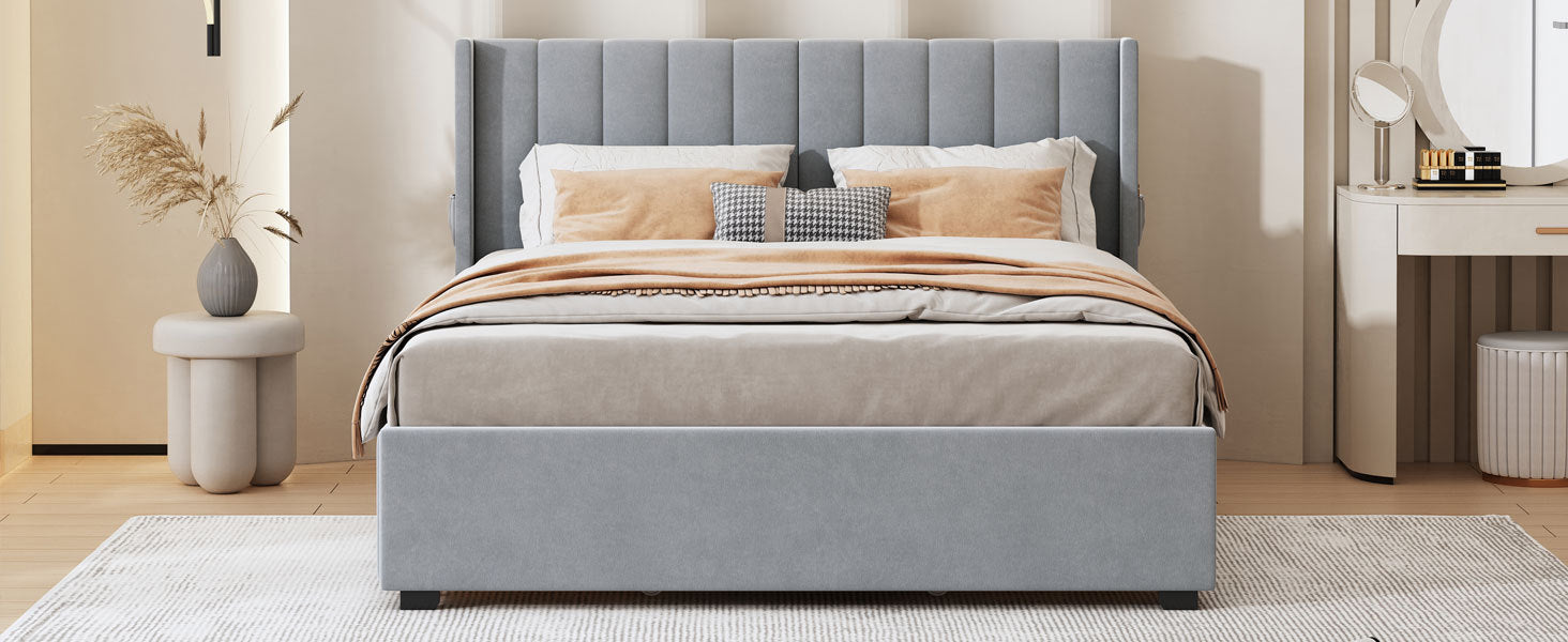 Queen Size Upholstered Bed with 4 Drawers, Gray - Atlantic Fine Furniture Melbourne FL