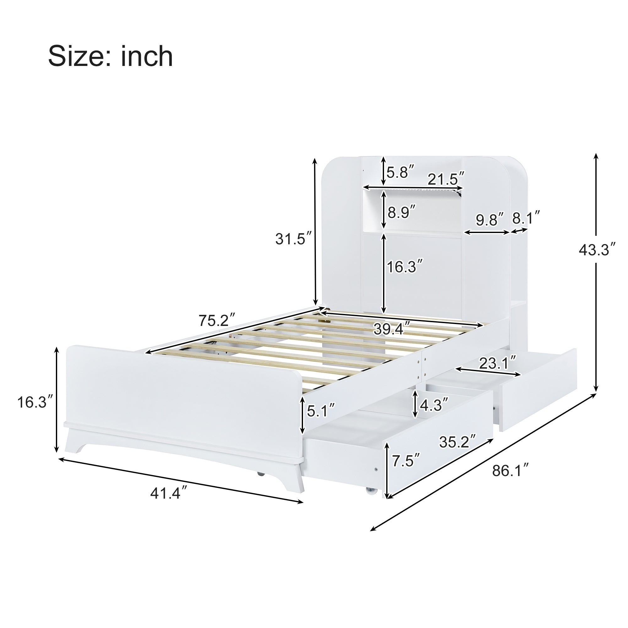 Twin Size Storage Platform Bed Frame with with Two Drawers and Light Strip Design in Headboard,White - Atlantic Fine Furniture Melbourne FL