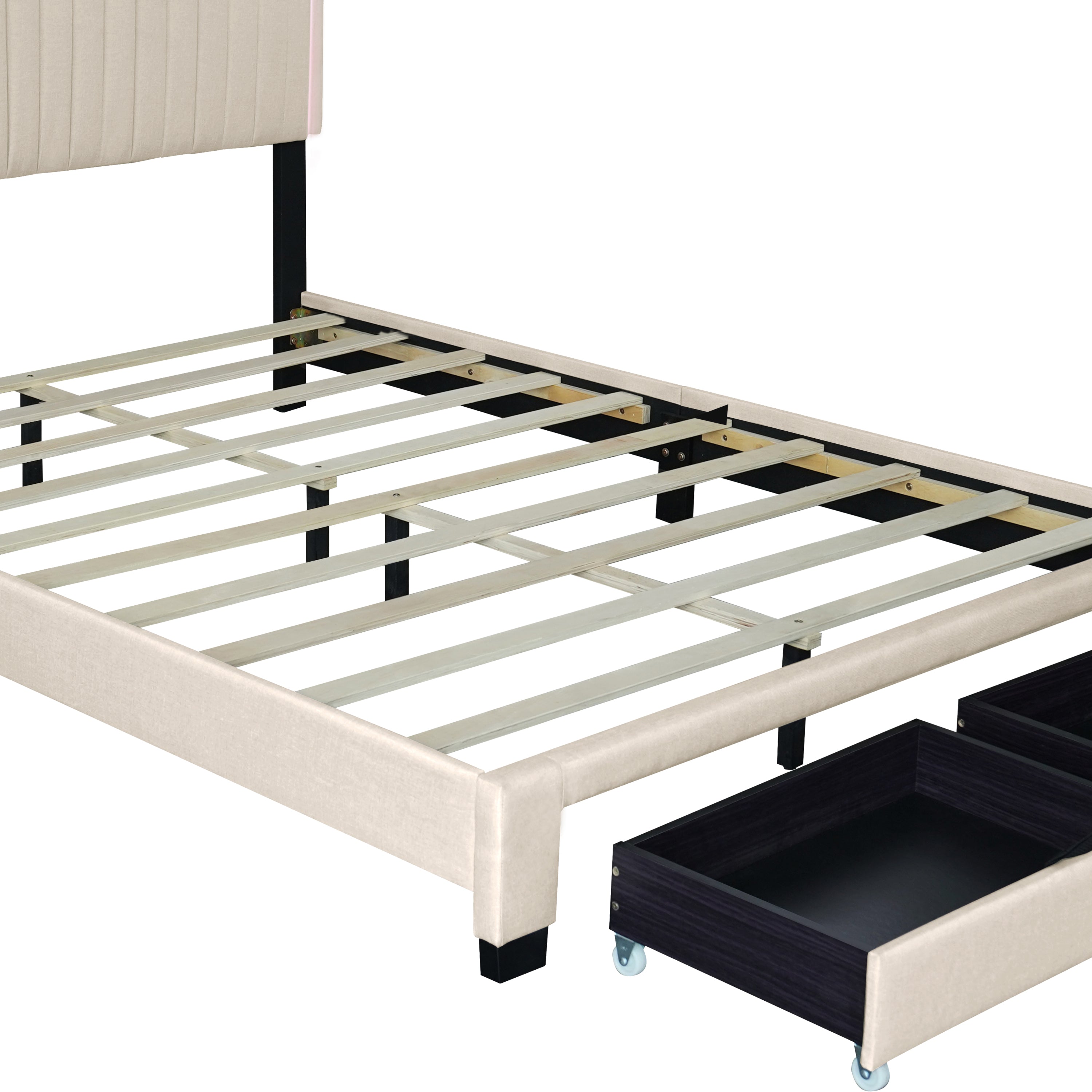 QUEEN SIZE UPHOLSTERED BED WITH ADJUSTABLE HEIGHT / MATTRESS 10 TO 14 INCHES / LED DESIGN WITH FOOTBOARD DRAWERS STORAGE / NO BOX SPRING REQUIRED BEIGE - Atlantic Fine Furniture Melbourne FL