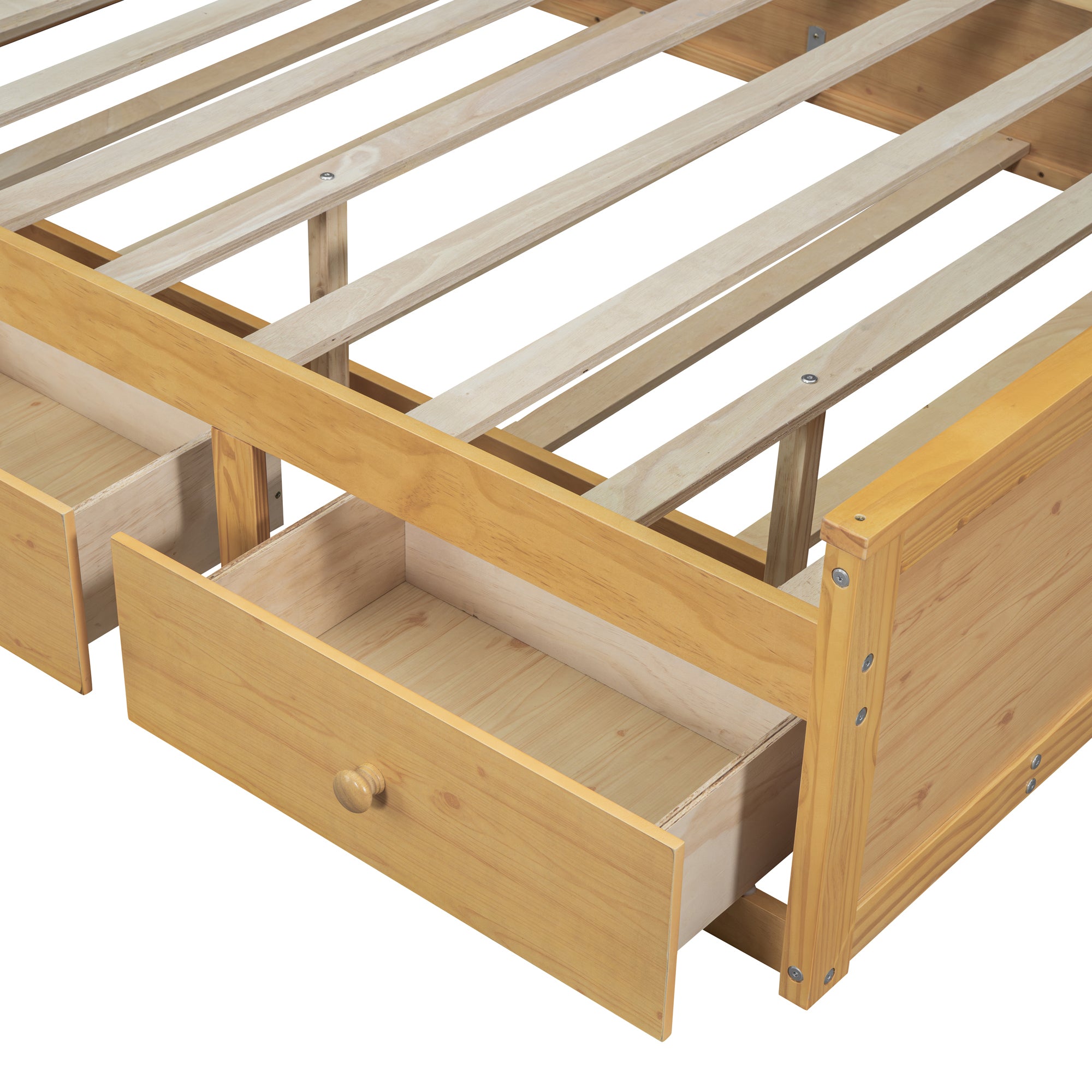 Full Size Wood Pltaform Bed with Twin Size Trundle, 3 Drawers, Upper Shelves and a set of USB Ports & Sockets, Natural - Atlantic Fine Furniture Melbourne FL