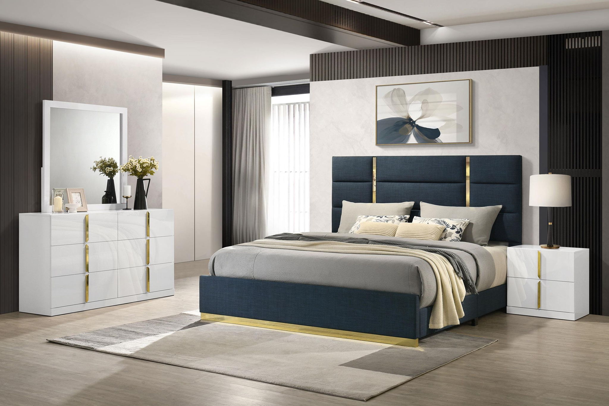 Ines 4-piece Eastern King Bedroom Set Navy and White High Gloss