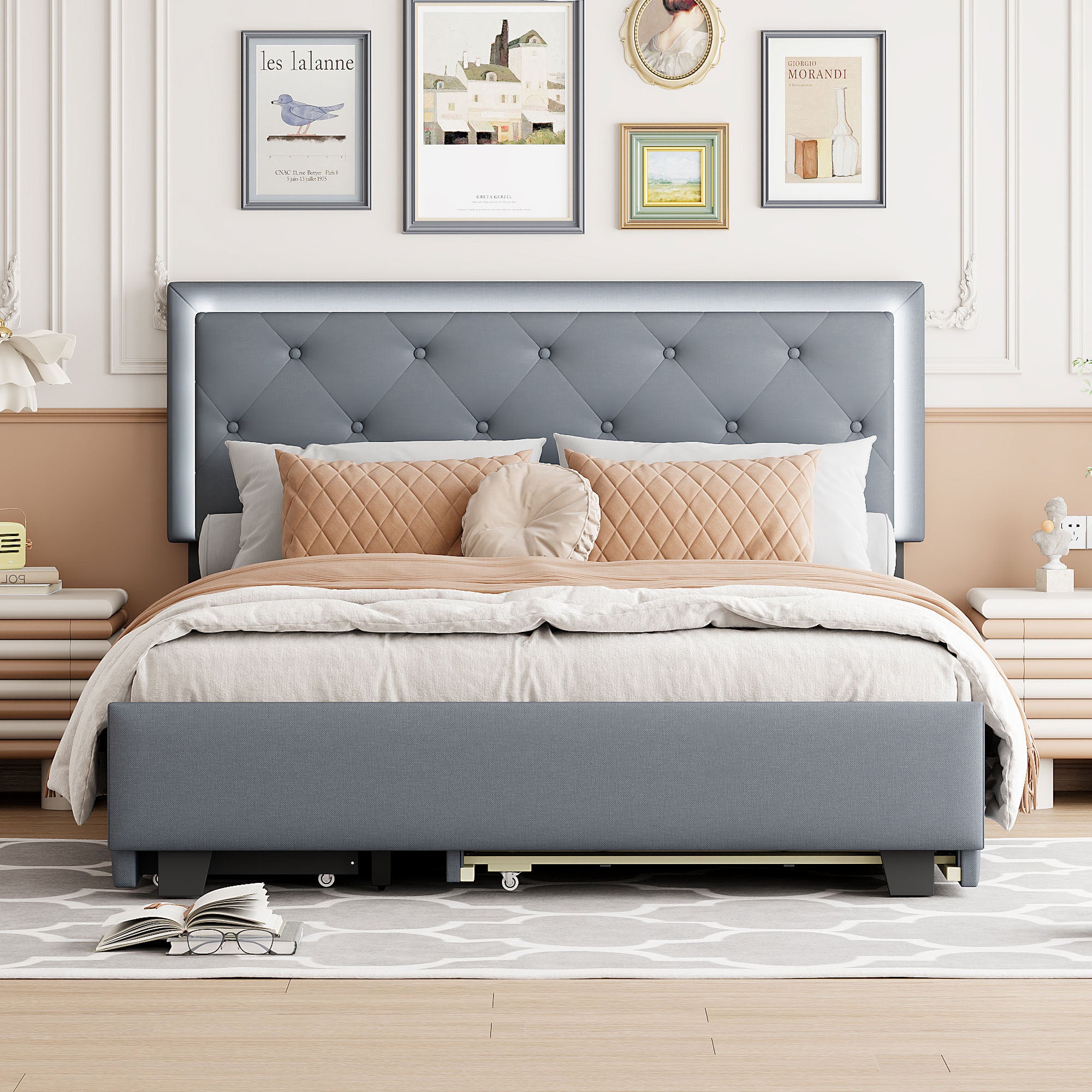 Queen Size Velvet Storage Platform Bed, with 2 Big Drawers, Twin XL Size Trundle and LED Light, Gray