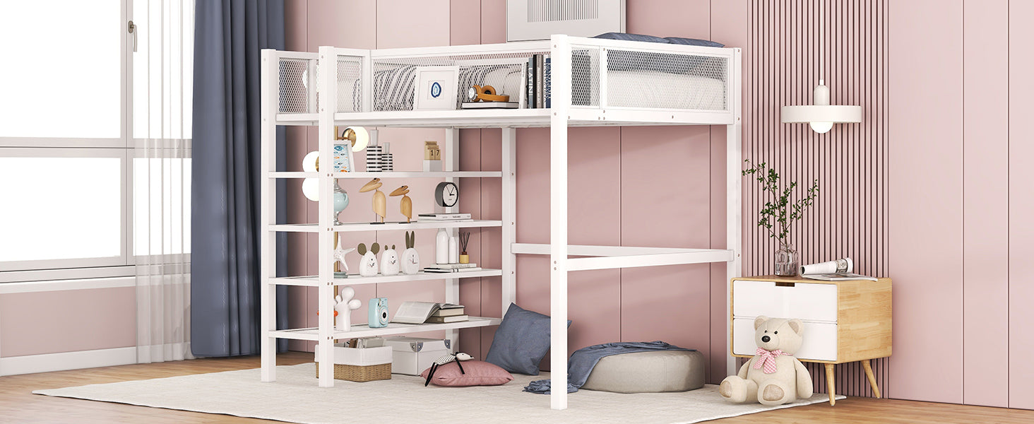 Twin Size Metal Loft Bed with 4-Tier Shelves and Storage, White - Atlantic Fine Furniture Melbourne FL