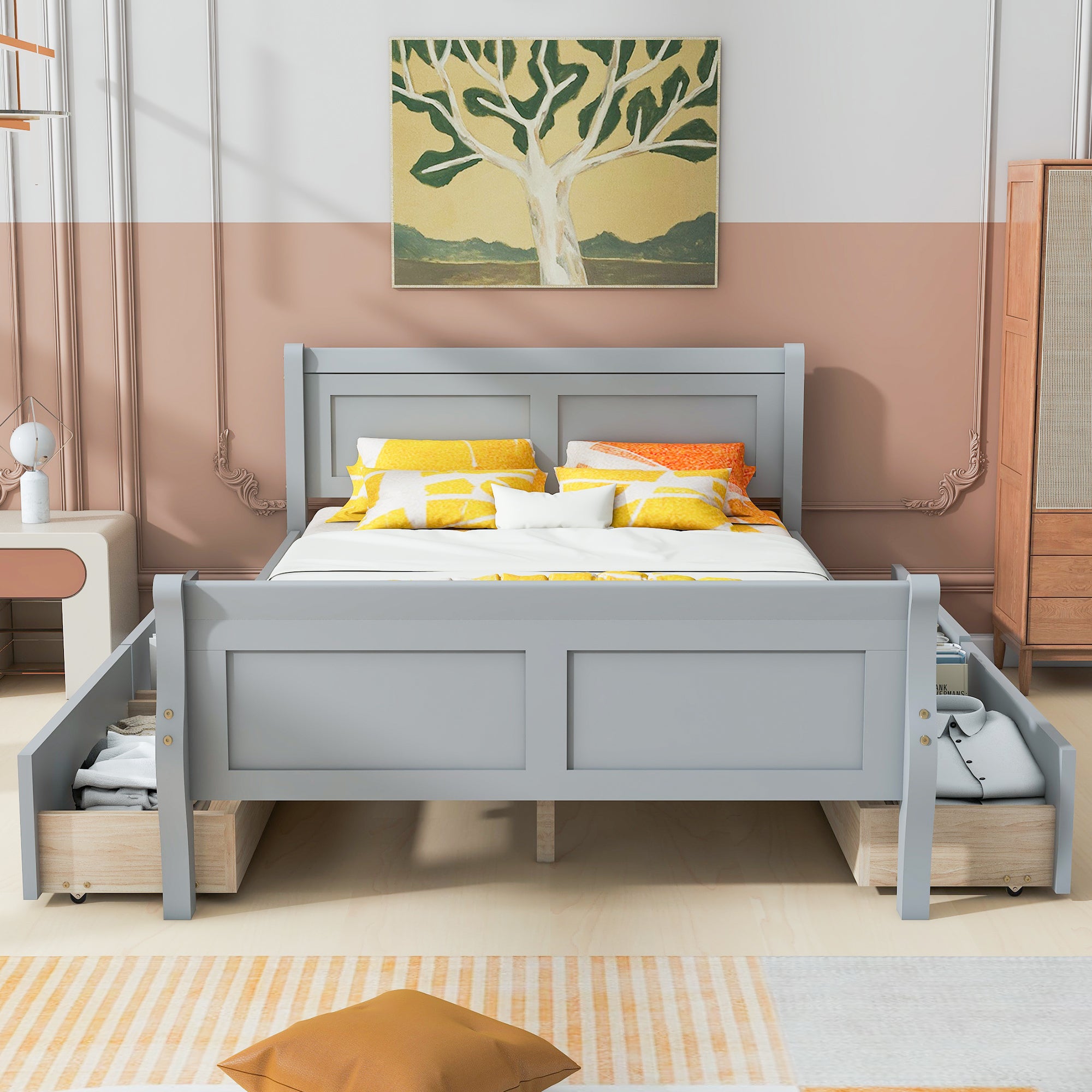 Full Size Wood Platform Bed with 4 Drawers and Streamlined Headboard & Footboard, Gray - Atlantic Fine Furniture Melbourne FL