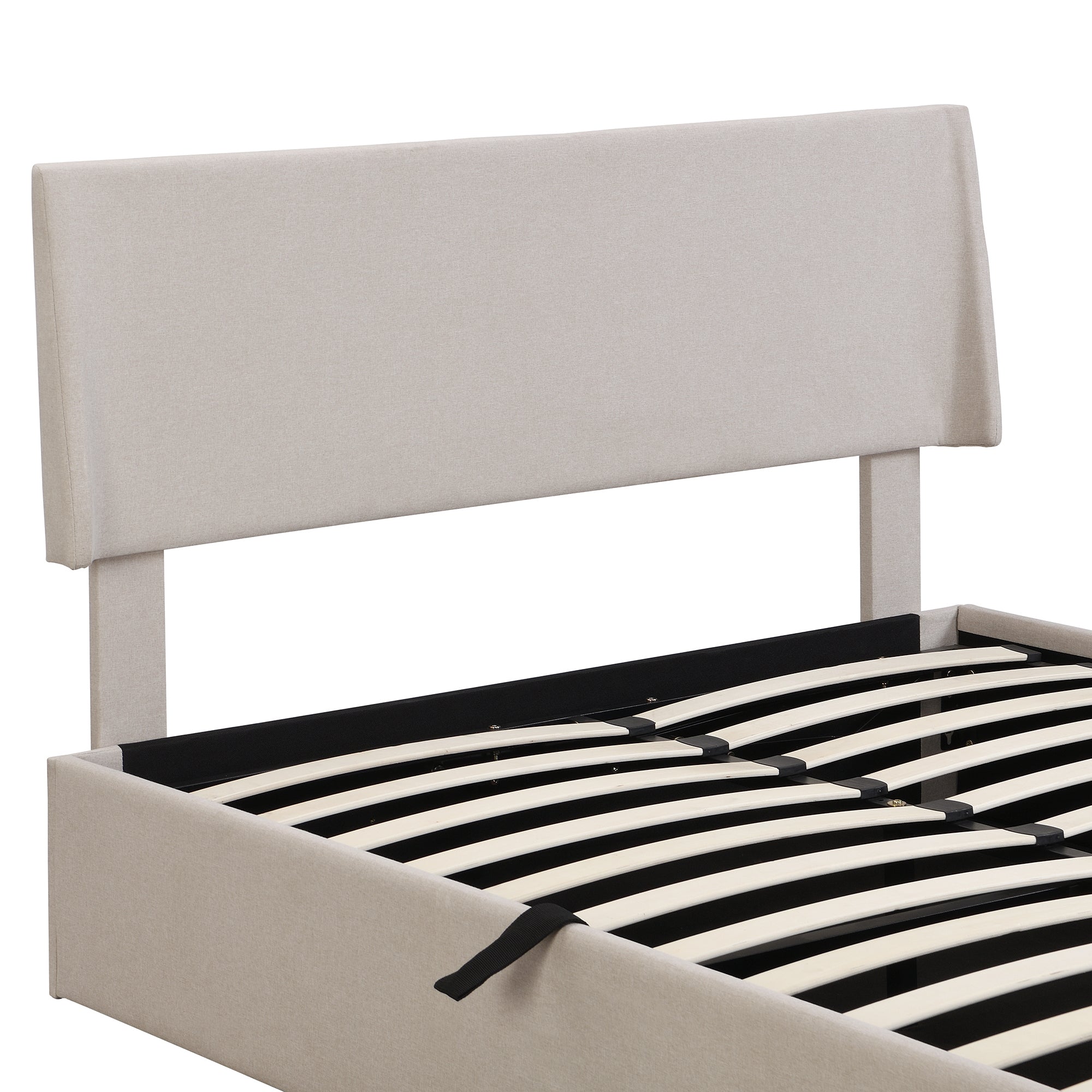 Full Size Sleigh Bed with Side-Tilt Hydraulic Storage System, Linen Upholstery, Beige - Atlantic Fine Furniture Melbourne FL