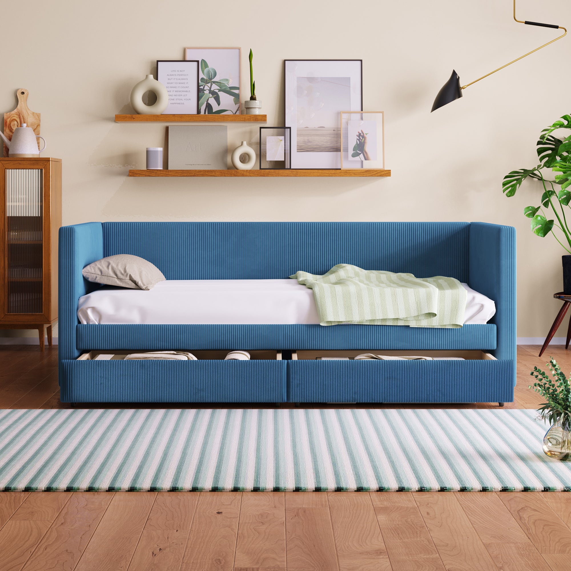 Twin Size Corduroy Daybed with Two Drawers and Wood Slat, Blue - Atlantic Fine Furniture Melbourne FL
