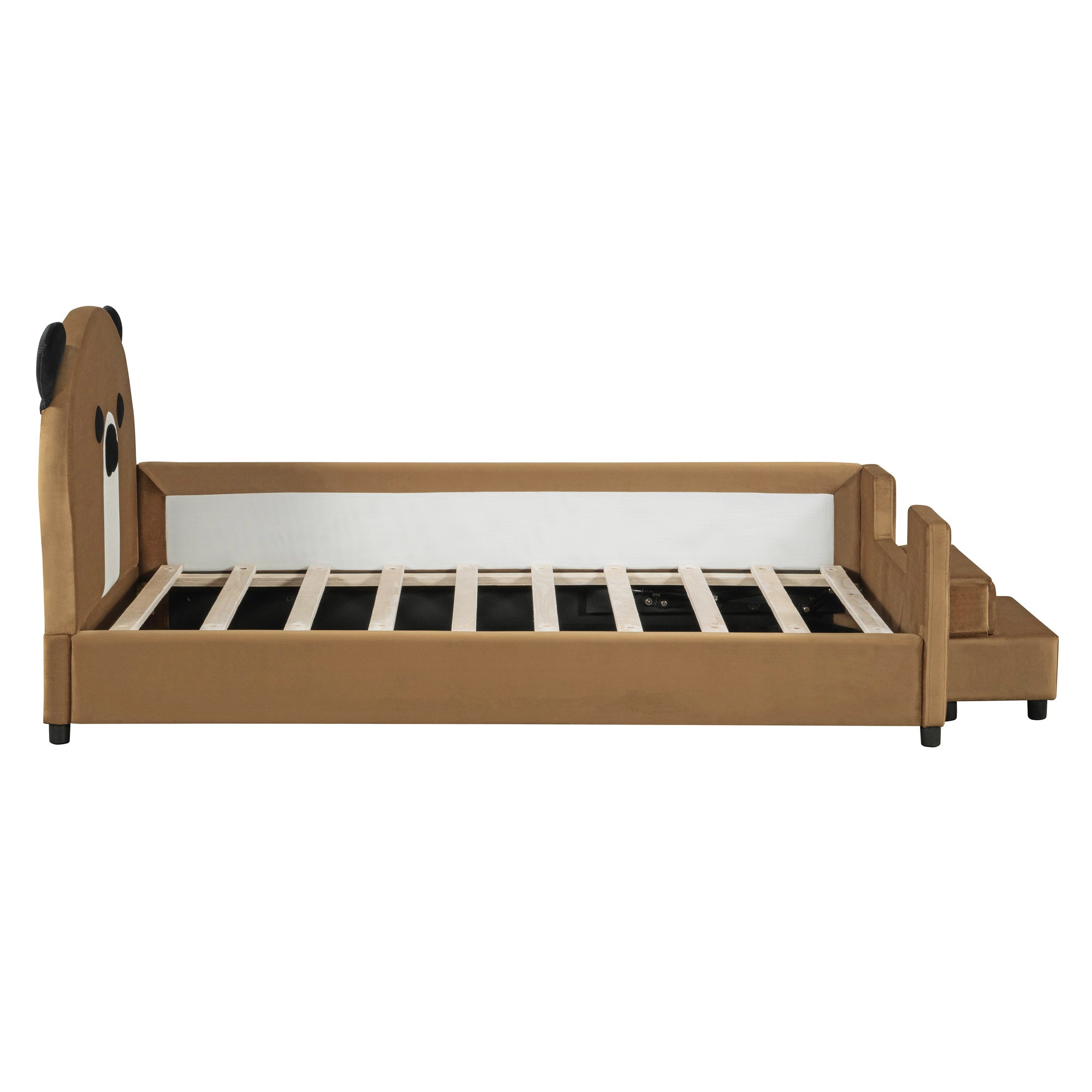 Twin Size Upholstered Daybed with Bear Shaped Headboard, Hydraulic System and Breathable Mesh Fence, Brown - Atlantic Fine Furniture Melbourne FL