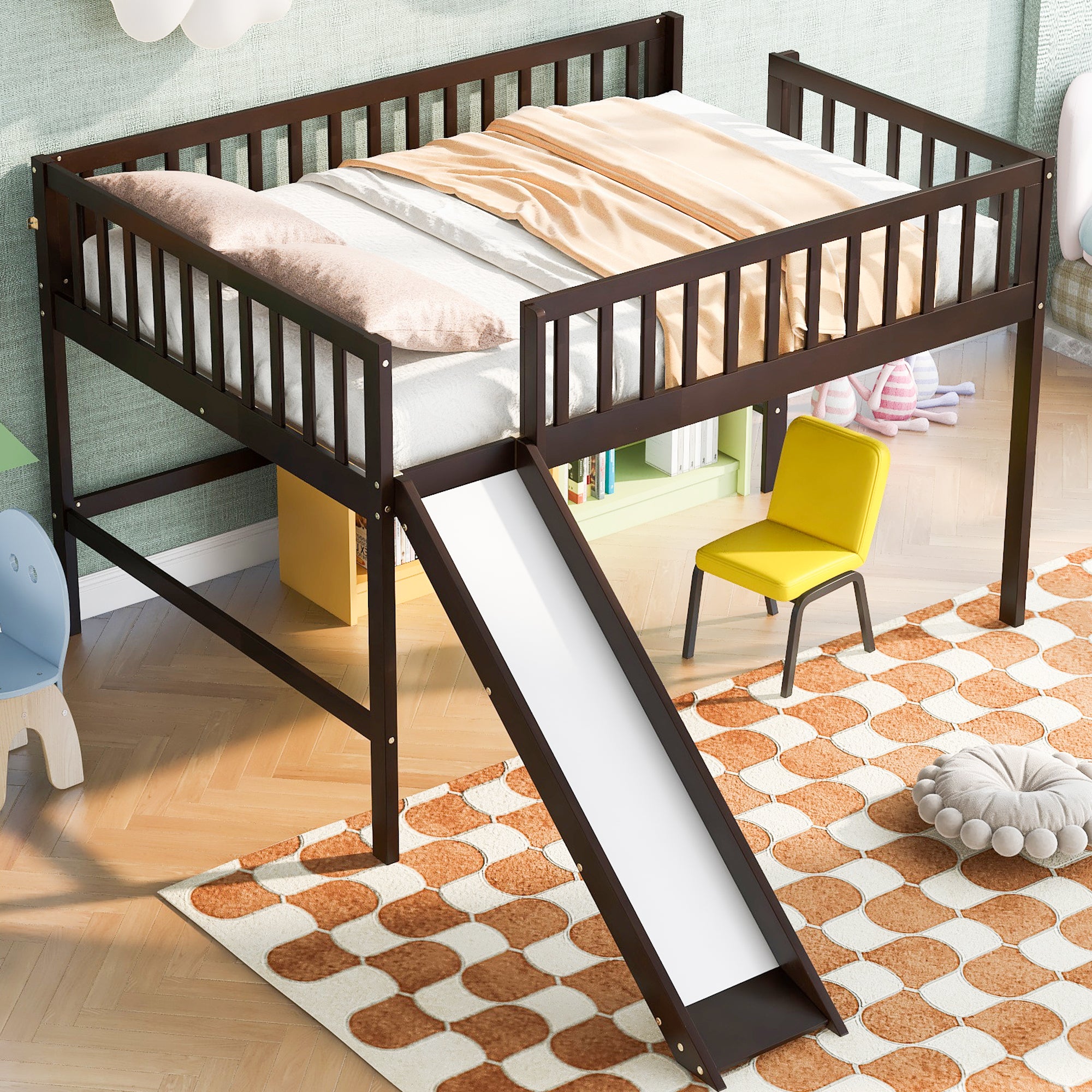 Full Size Low Loft Bed with Ladder and Slide,Espresso - Atlantic Fine Furniture Melbourne FL