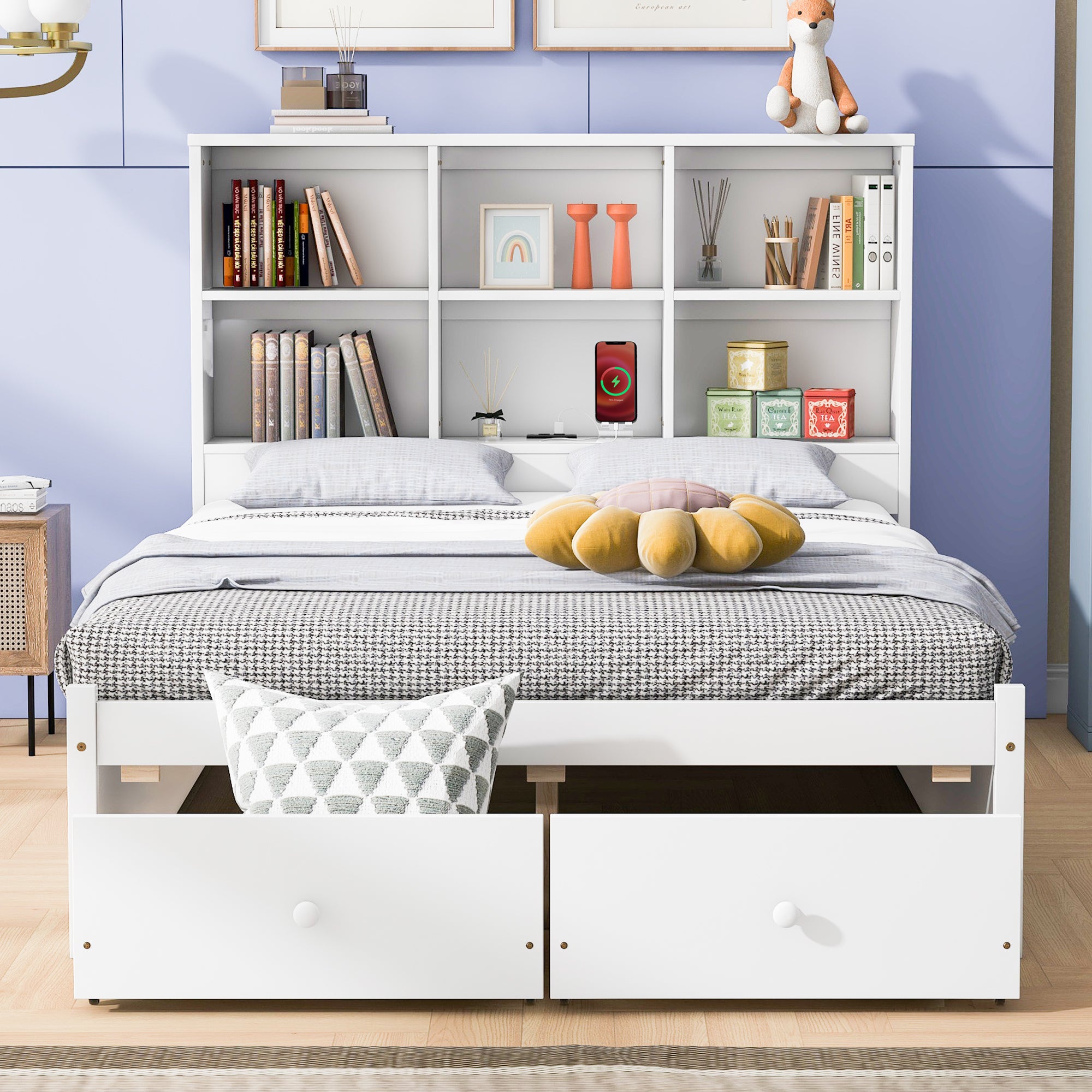 Full Size Platform Bed with Storage Headboard, Charging Station and 2 Drawers, White - Atlantic Fine Furniture Melbourne FL