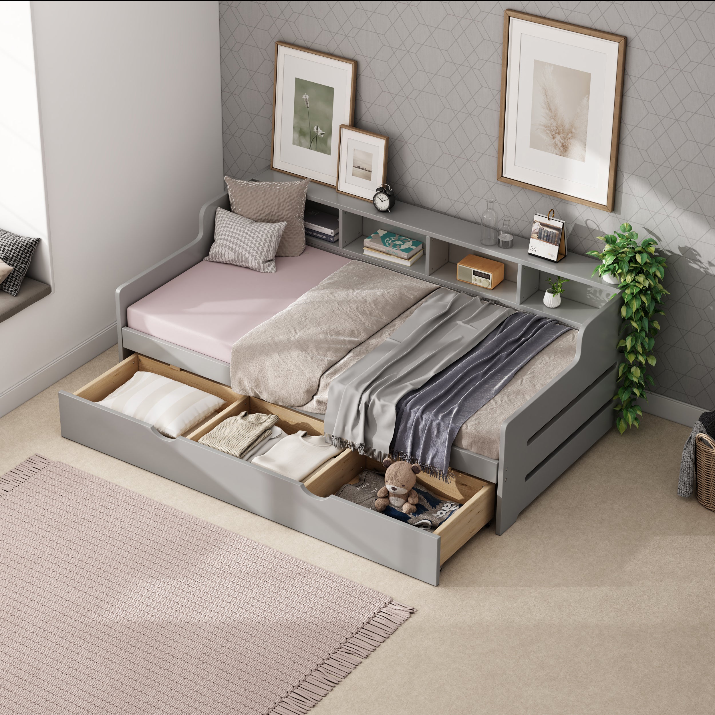 Twin Size Wooden Day Bed with 3 Trawers for Guest Room, Small Bedroom, Study Room, Gray - Atlantic Fine Furniture Melbourne FL