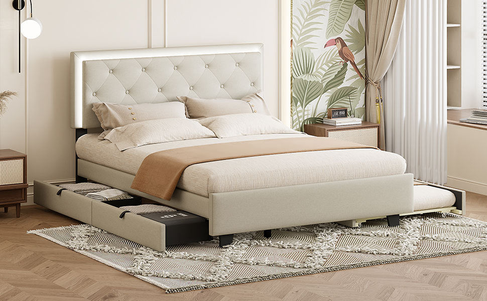 Queen Size Velvet Storage Platform Bed, with 2 Big Drawers, Twin XL Size Trundle and LED Light, Beige - Atlantic Fine Furniture Melbourne FL