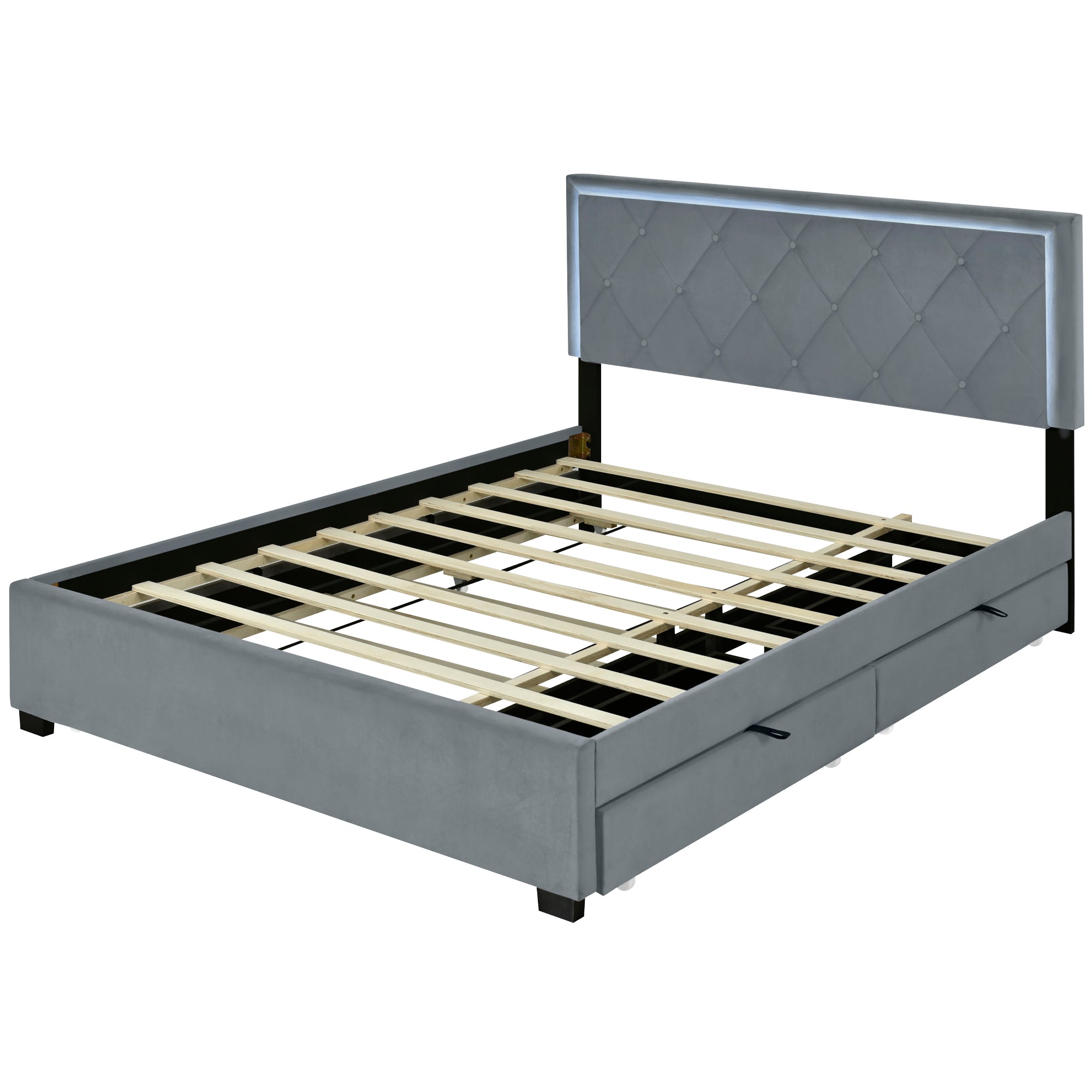 Queen Size Velvet Storage Platform Bed, with 2 Big Drawers, Twin XL Size Trundle and LED Light, Gray