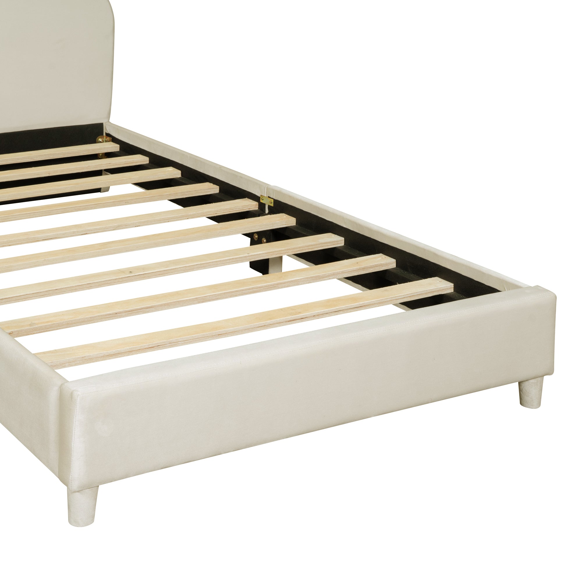 Twin Size Upholstered Platform Bed with Bear Ear Shaped Headboard, Beige - Atlantic Fine Furniture Melbourne FL