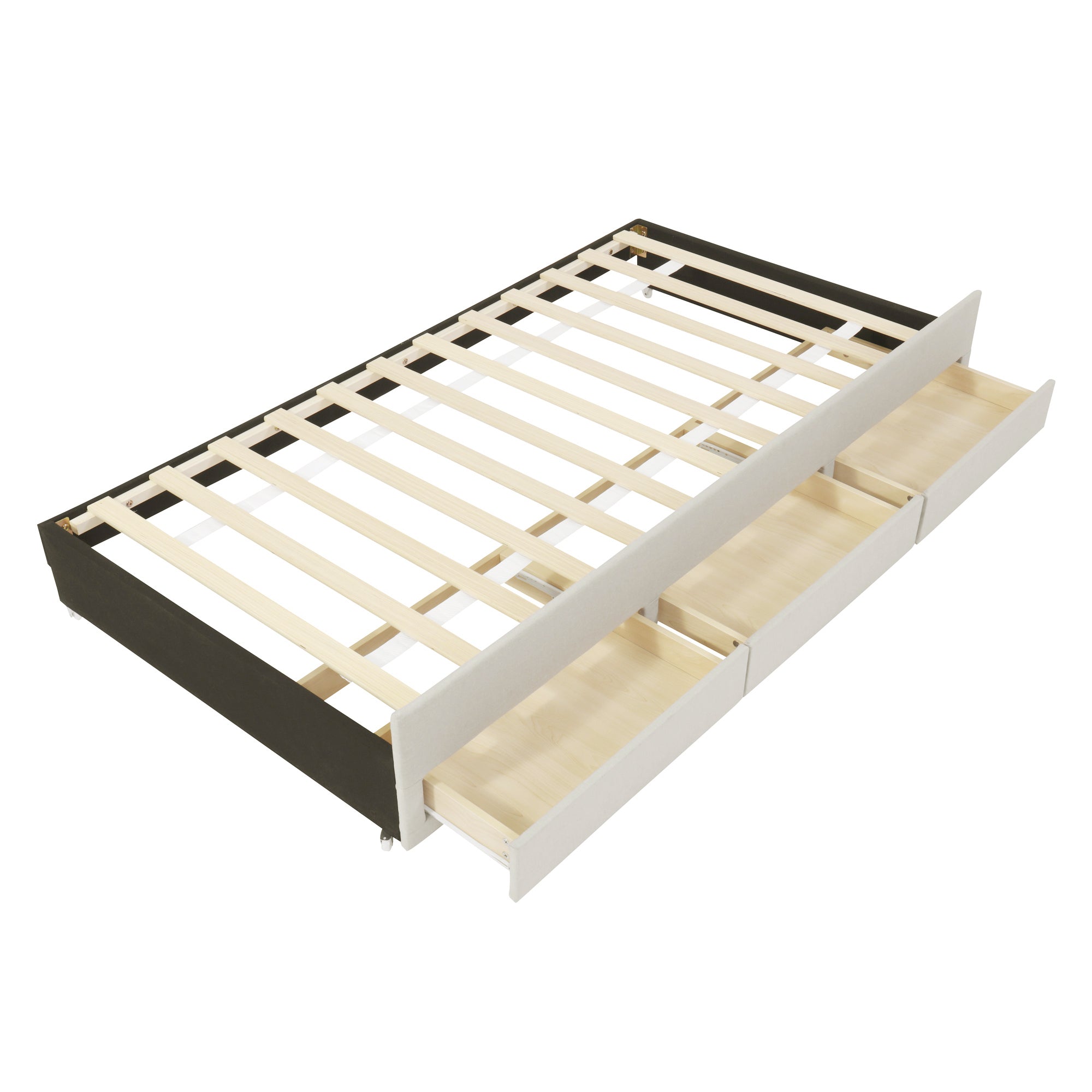 Twin Size Upholstered Platform Bed with Trundle and 3 Drawers, Linen Fabric, Beige - Atlantic Fine Furniture Melbourne FL