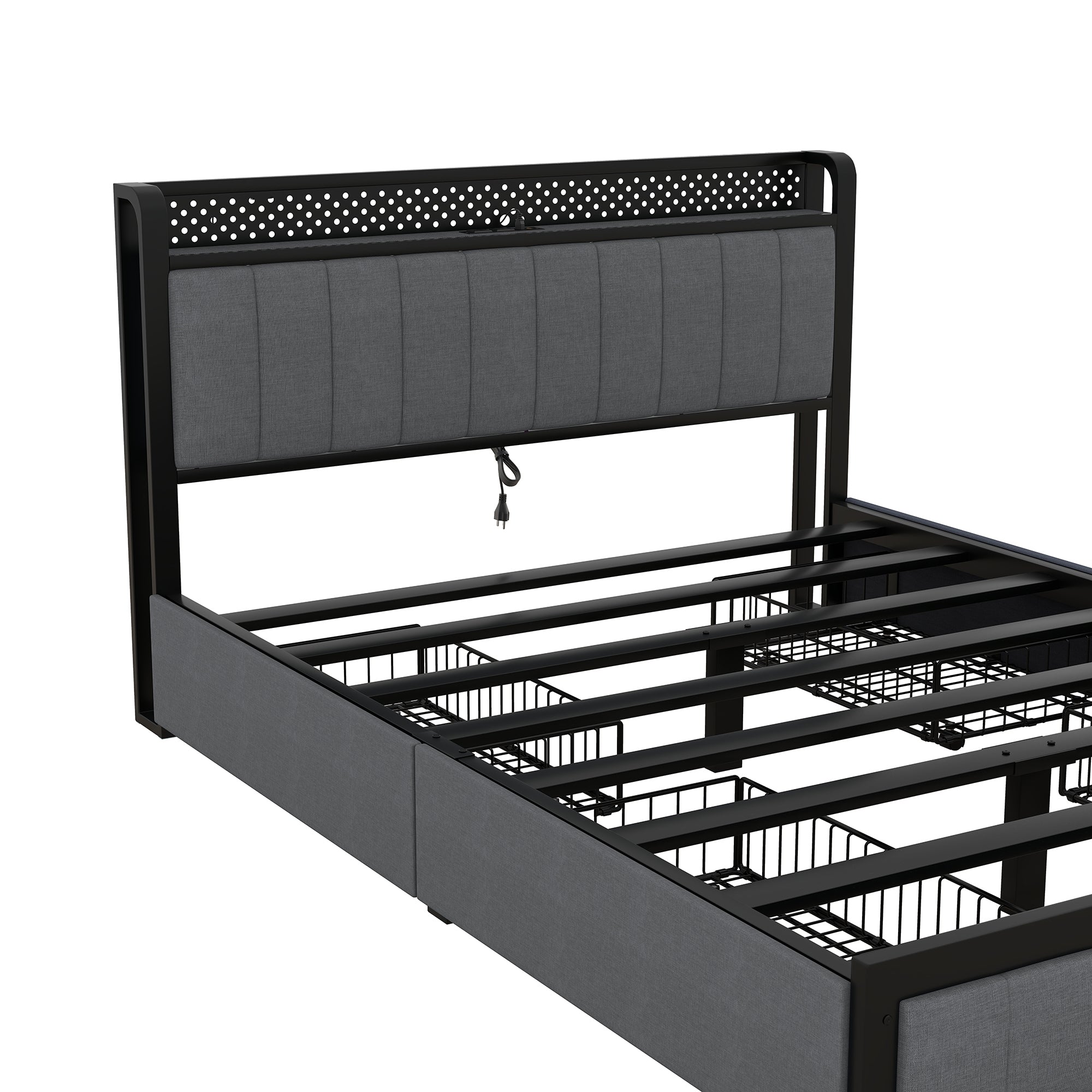 Queen Bed Frame with LED Headboard, Upholstered Bed with 4 Storage Drawers and USB Ports, Dark Grey - Atlantic Fine Furniture Melbourne FL