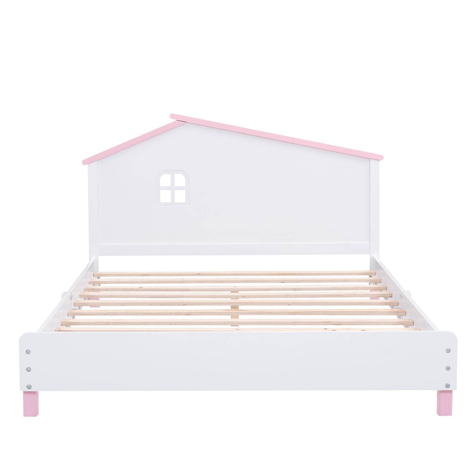 Full Size Wood Platform Bed with House-shaped Headboard (White+Pink)