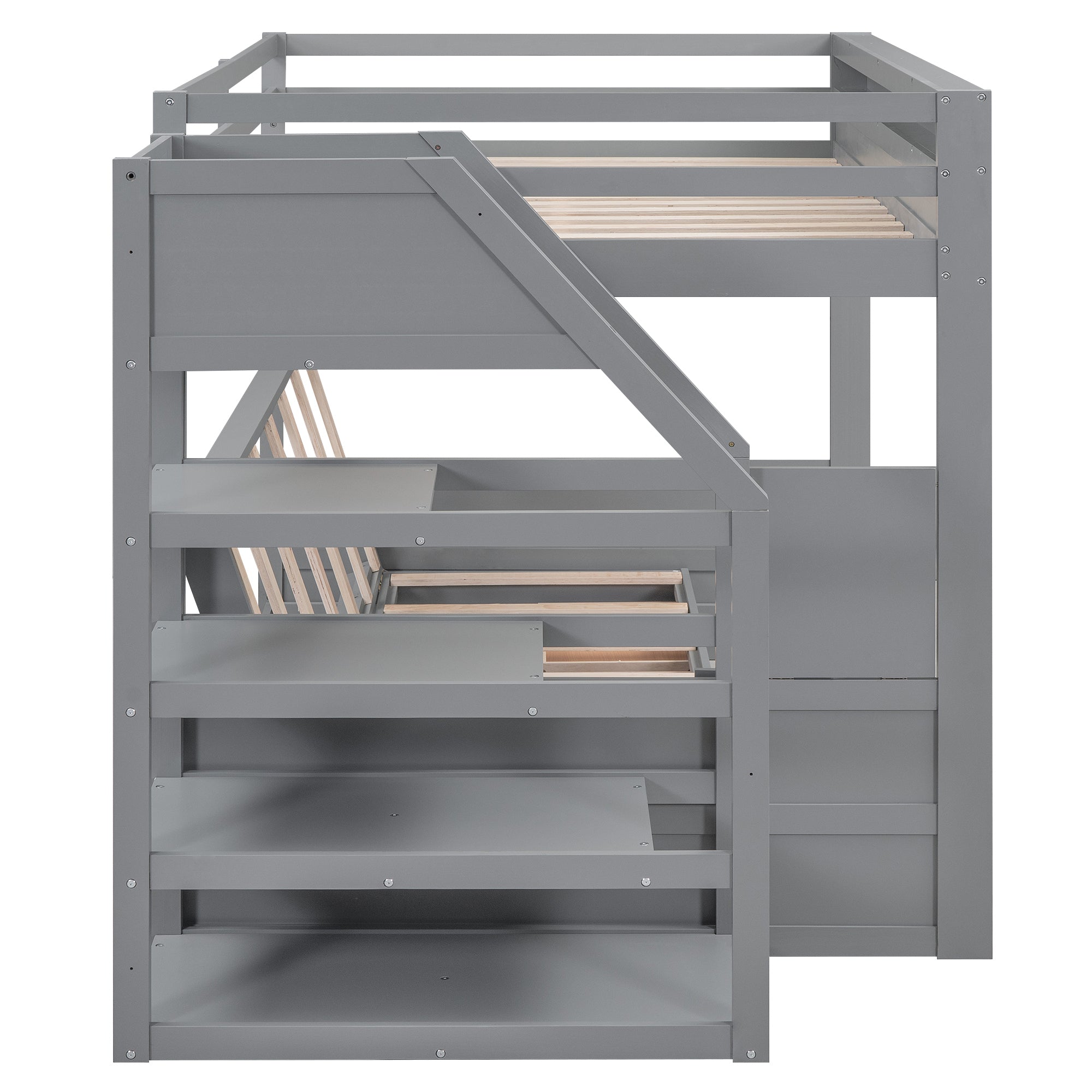 Wood Full Size Convertible Bunk Bed with Storage Staircase, Bedside Table, and 3 Drawers, Gray - Atlantic Fine Furniture Melbourne FL