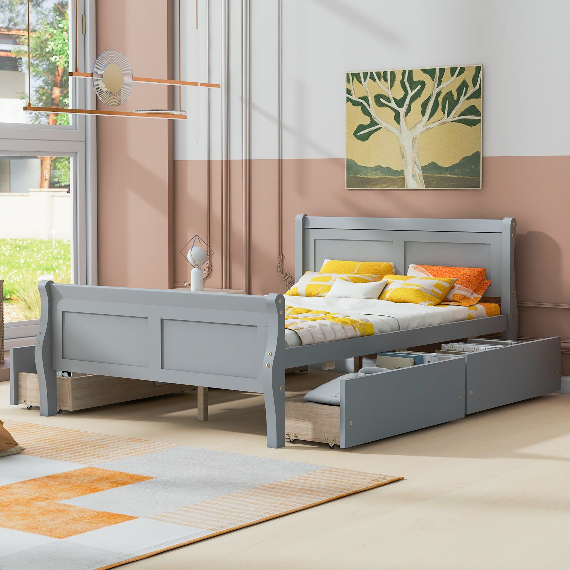 Full Size Wood Platform Bed with 4 Drawers and Streamlined Headboard & Footboard, Gray - Atlantic Fine Furniture Melbourne FL