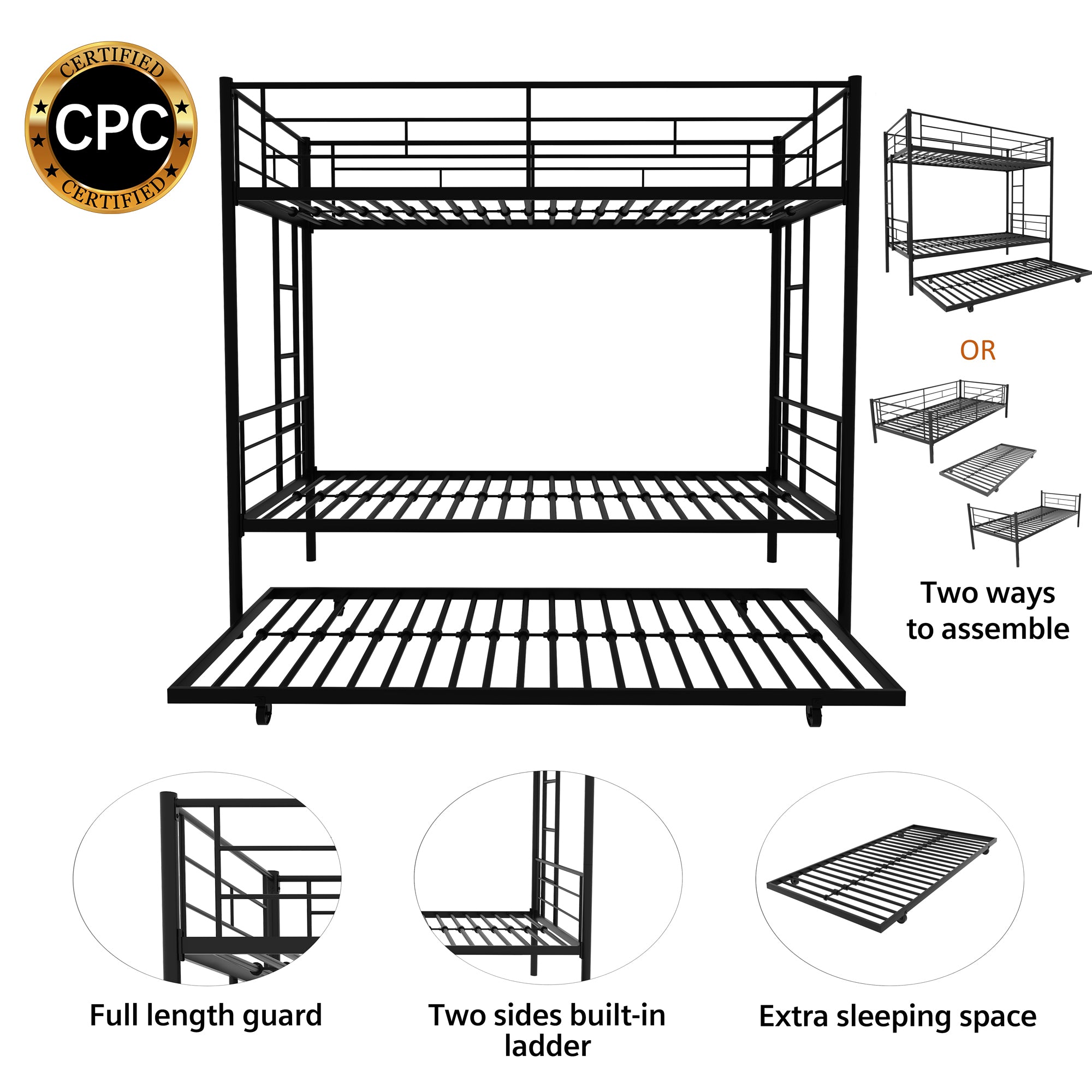 Twin Over Twin Metal Bunk Bed Frame with Trundle(Upgrade reinforcement version) - Atlantic Fine Furniture Melbourne FL