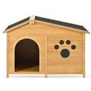 Wooden Dog House Outdoor With Porch, Dog Kennel With Water Resistant Asphalt Roof And Fencing, Indoor & Outdoor Dog Crate With Paw Print, Medium - Nature