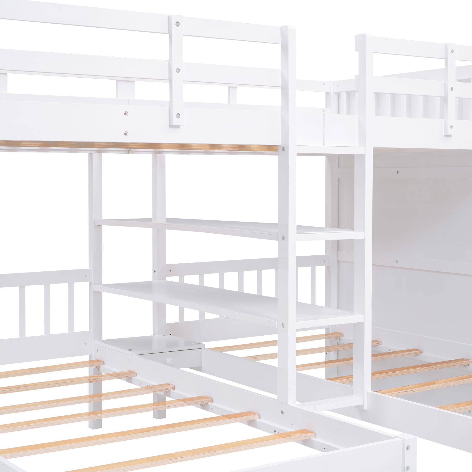 Full-Over-Twin-Twin Bunk Bed with Shelves, Wardrobe and Mirror, White - Atlantic Fine Furniture Melbourne FL