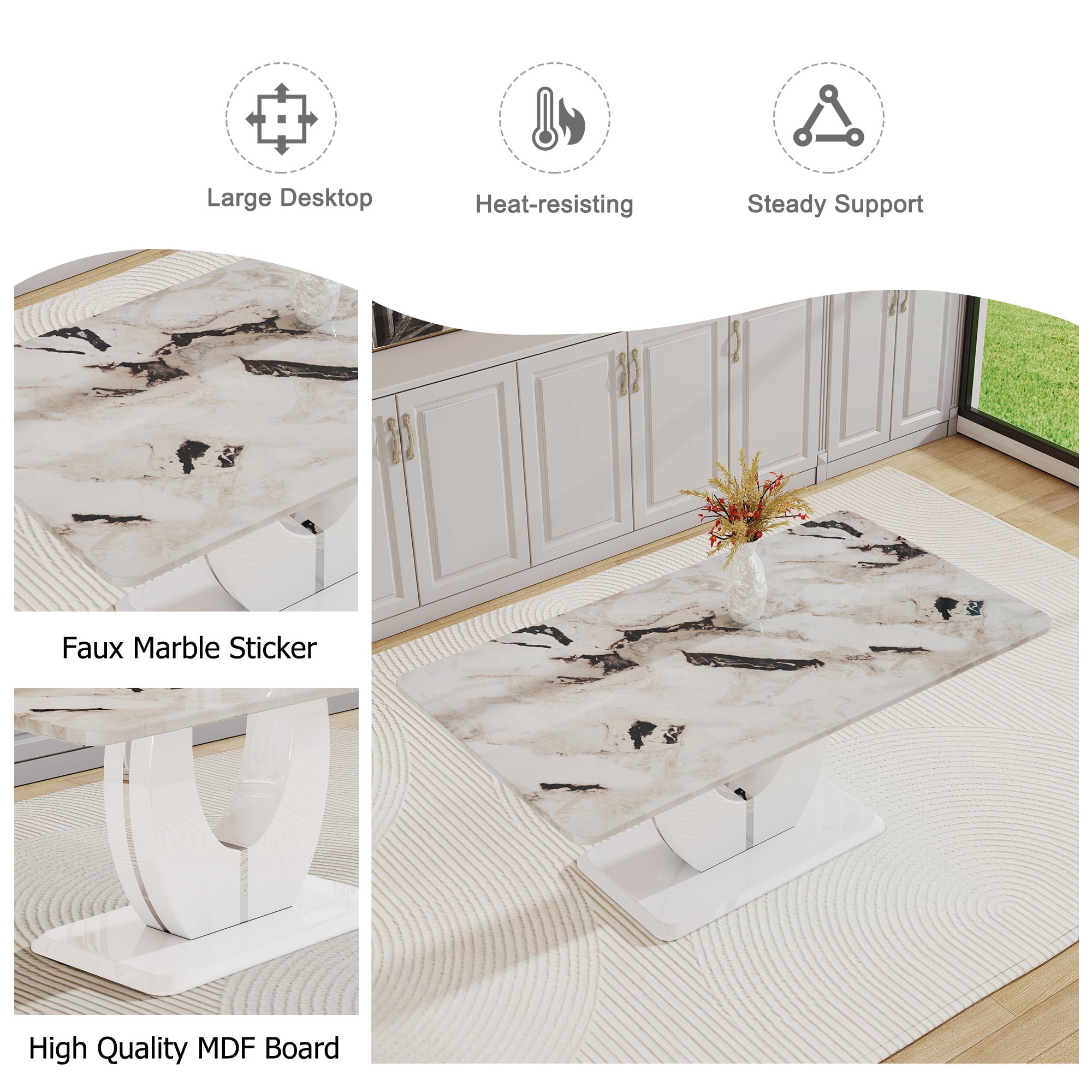 Table and chair set, modern minimalism and luxurious white rectangular pattern dining table. Soft and comfortable dining chair, for dining room, living room, terrace and kitchen.