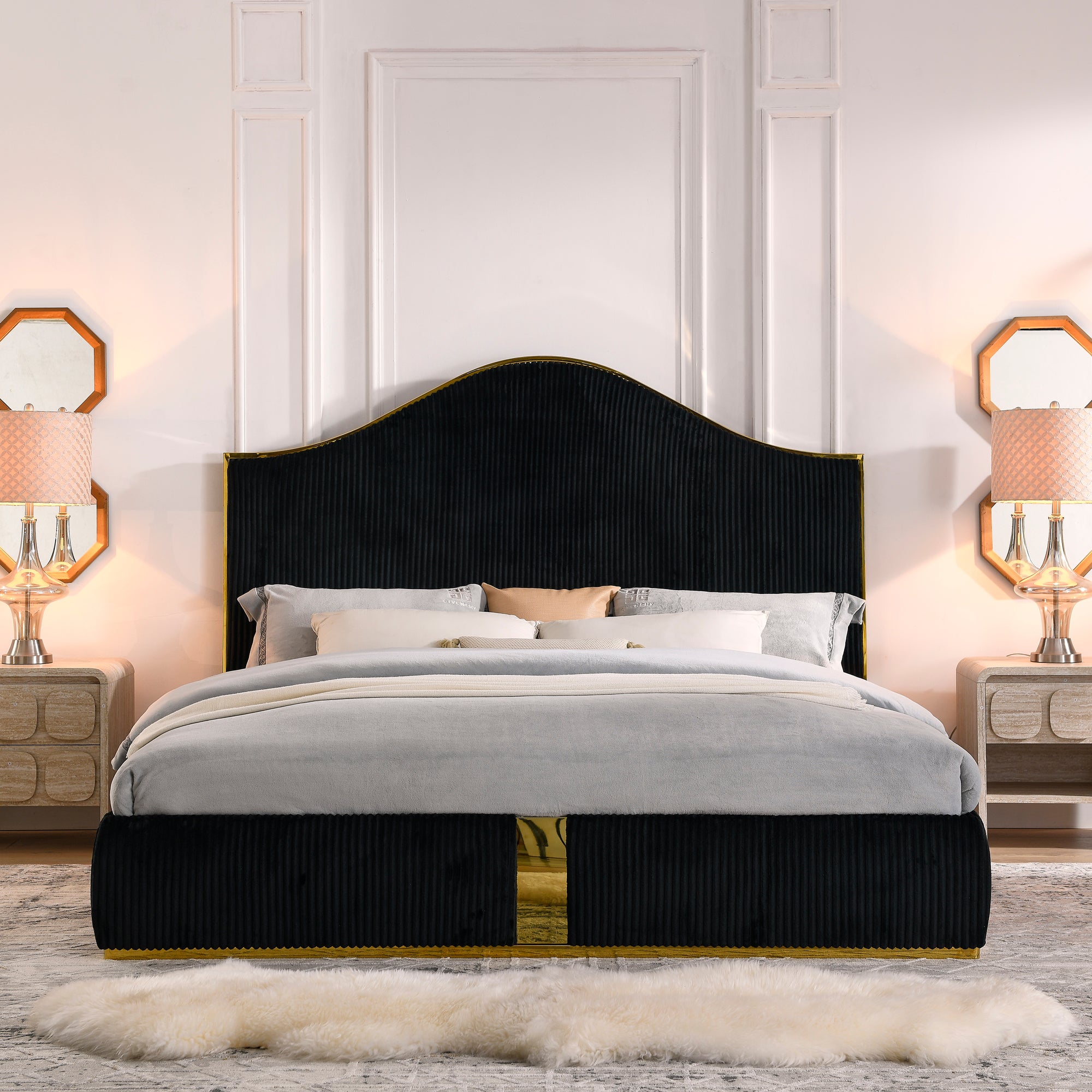 Corduroy Upholstered Bed Frame King Size 59.5" Tall Headboard Queen Bed Frame Metal Decoration /No Box Spring Needed