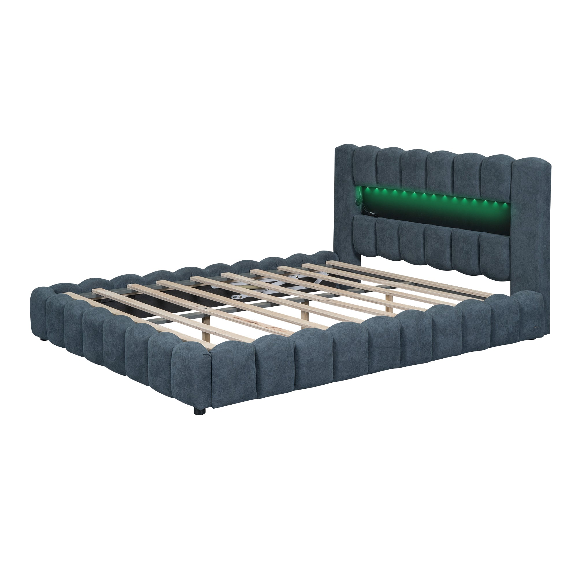 Queen Size Upholstered Platform Bed with LED Headboard and USB, Deep Blue - Atlantic Fine Furniture Melbourne FL