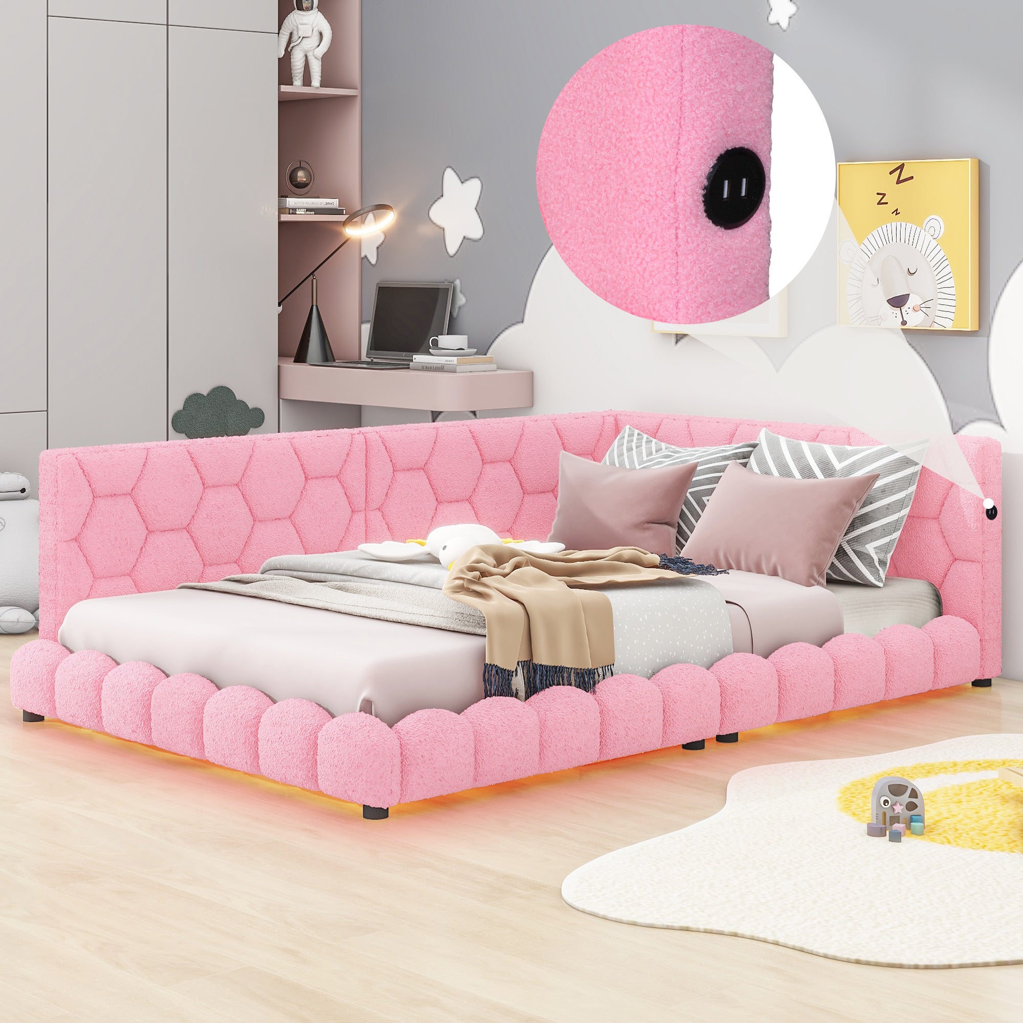 Upholstered Full Size platform bed with USB Ports and LED belt, Pink - Atlantic Fine Furniture Melbourne FL