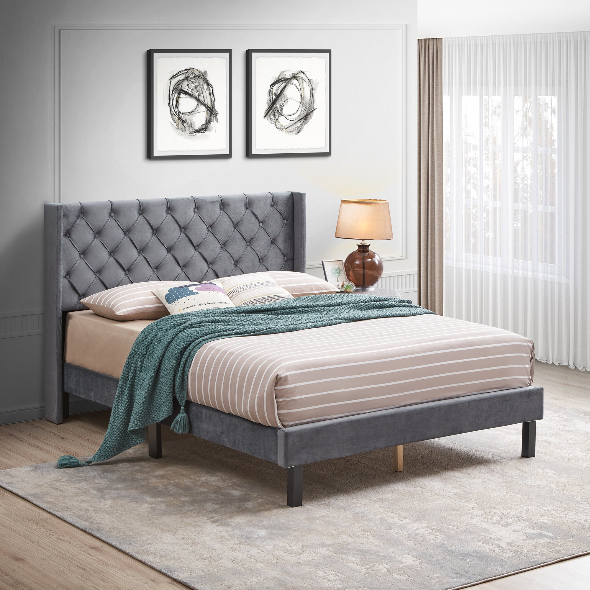 Velvet Button Tufted-Upholstered Bed with Wings Design - Strong Wood Slat Support - Easy Assembly - Gray, Queen, platform bed - Atlantic Fine Furniture Melbourne FL