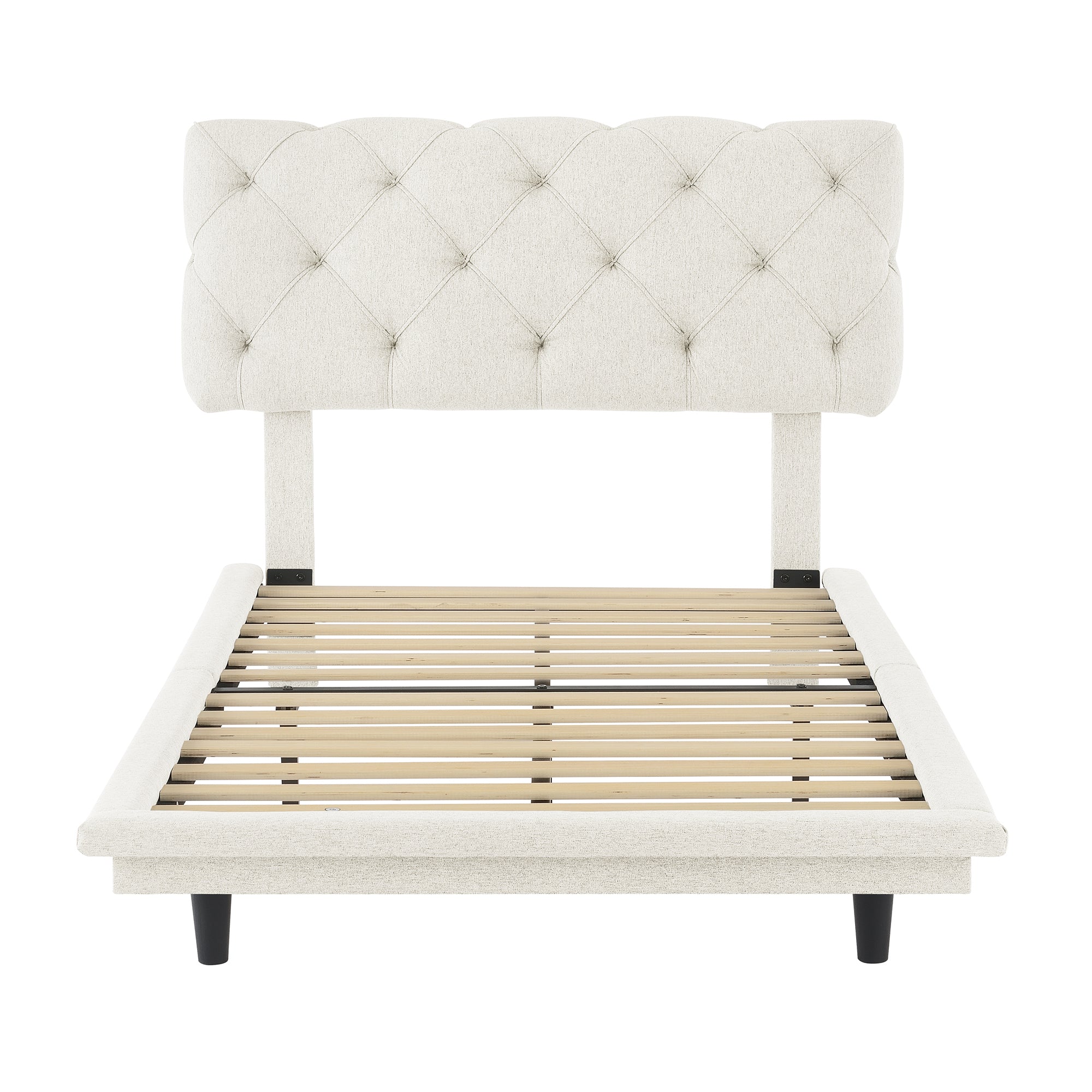 Twin Size Upholstered Bed with Light Stripe, Floating Platform Bed, Linen Fabric,Beige - Atlantic Fine Furniture Melbourne FL