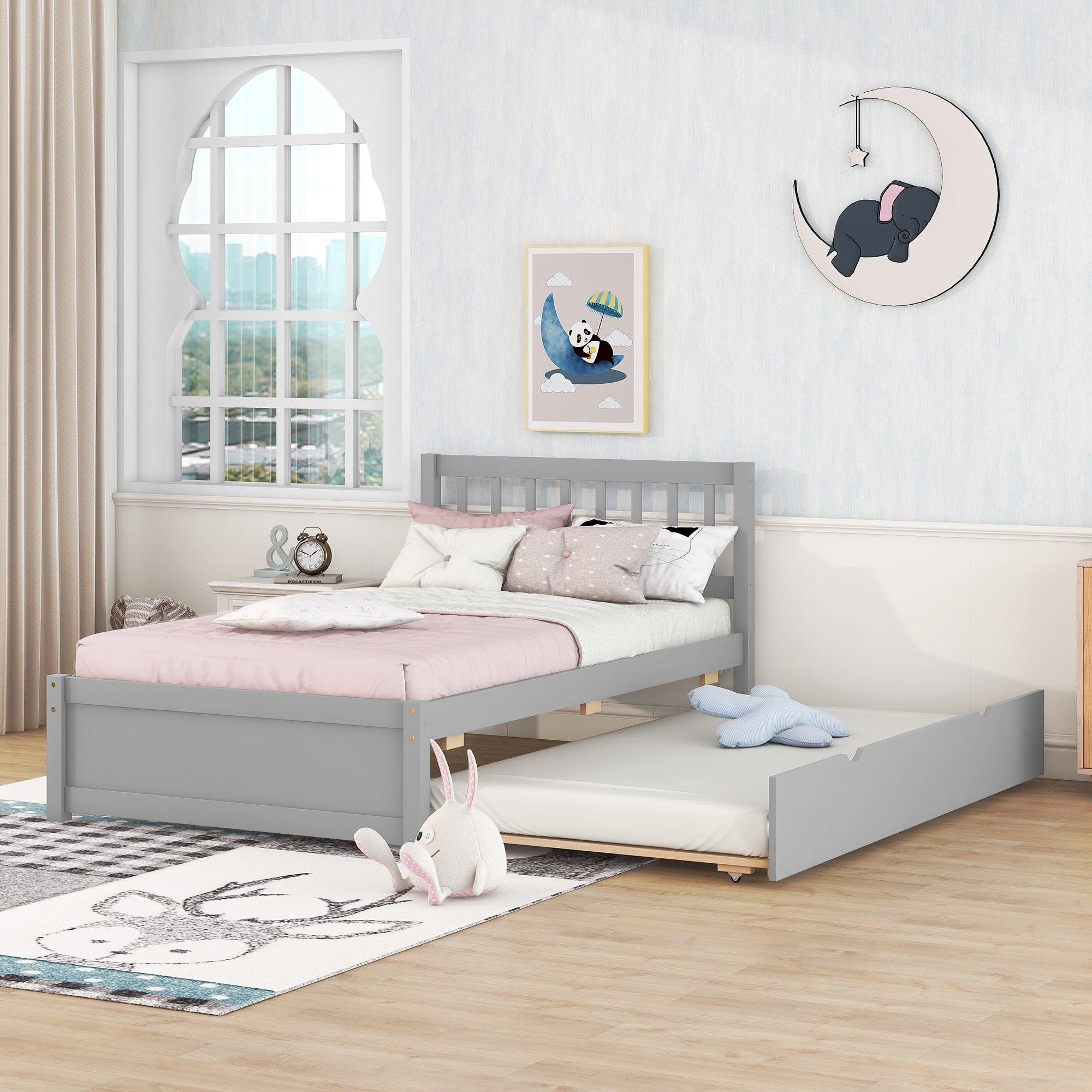 Modern Design Wooden Twin Size Platform Bed Frame with Trundle for Grey Color - Atlantic Fine Furniture Melbourne FL