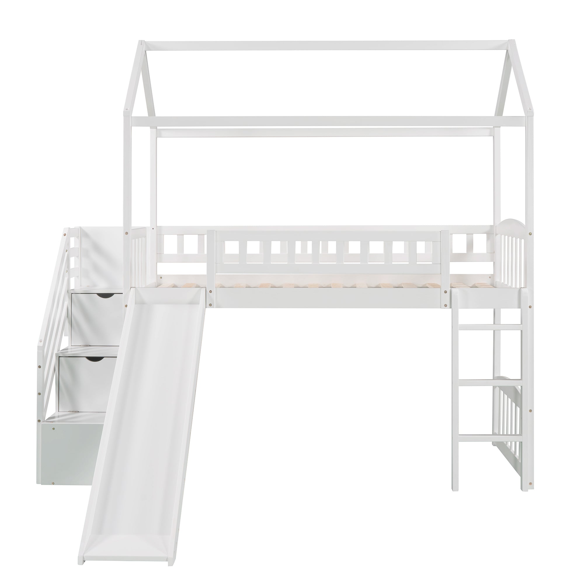 Twin Loft Bed with Two Drawers and Slide, House Bed with Slide, White (Old SKU: LP000130AAK) - Atlantic Fine Furniture Melbourne FL