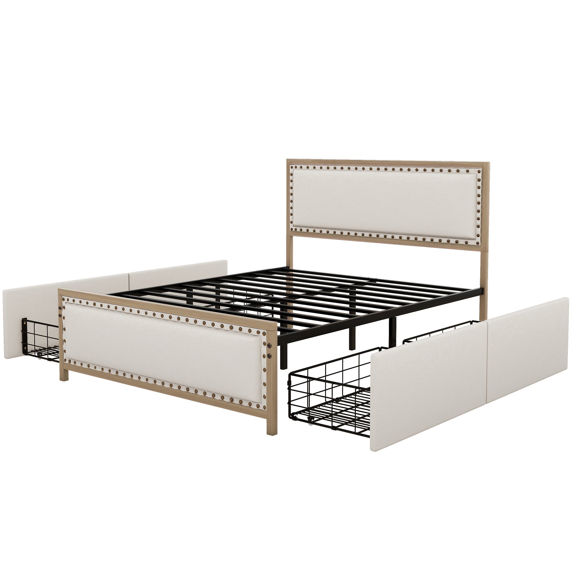 Queen Size Upholstered Platform Bed with Nailhead Decoration and 4 Drawers, Brown - Atlantic Fine Furniture Melbourne FL