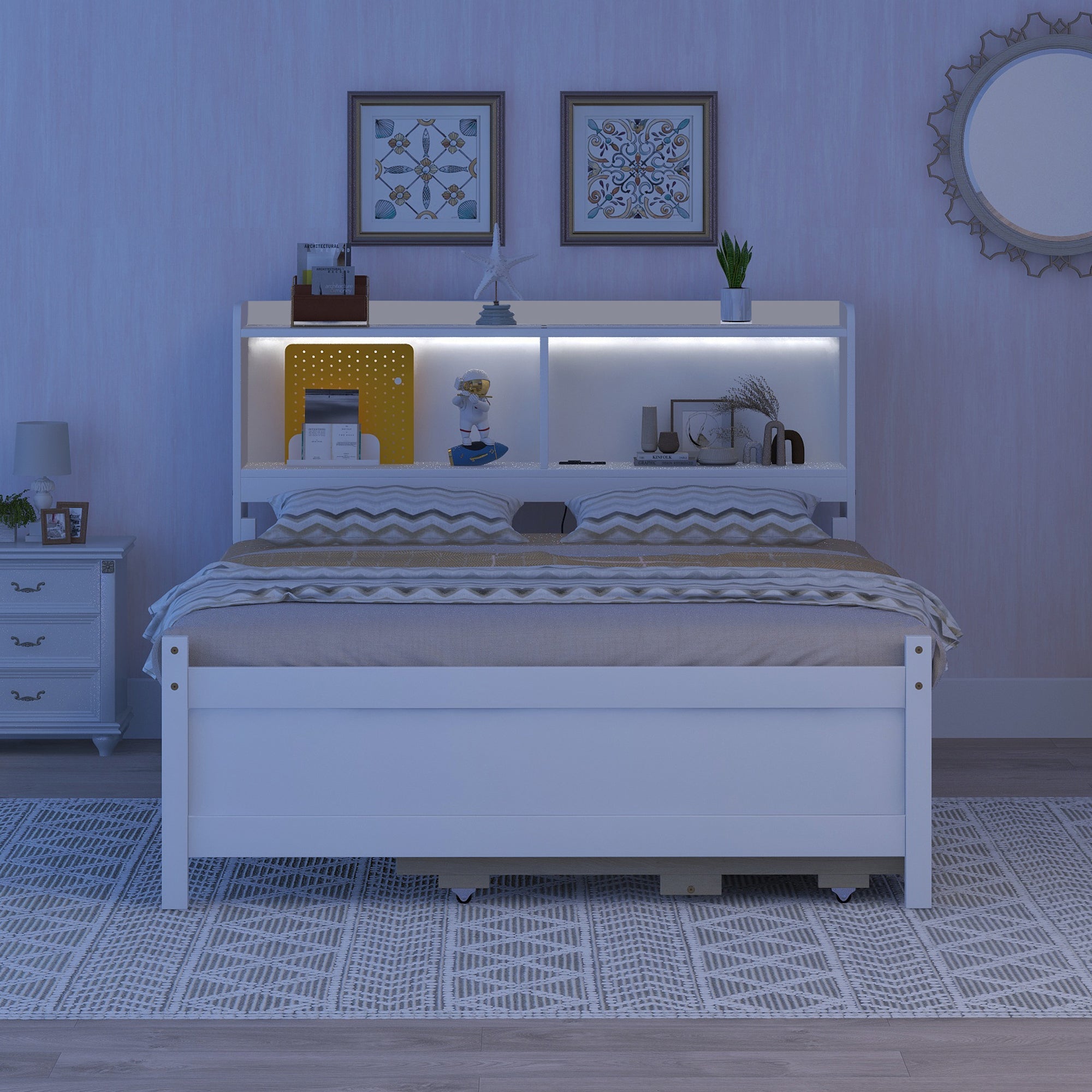Full Size Bed with USB & Type-C Ports, LED light, Bookcase Headboard, Trundle and 3 Storage Drawers , Full Size Size Bed with Bookcase Headboard, Trundle and Storage drawers ,White - Atlantic Fine Furniture Melbourne FL