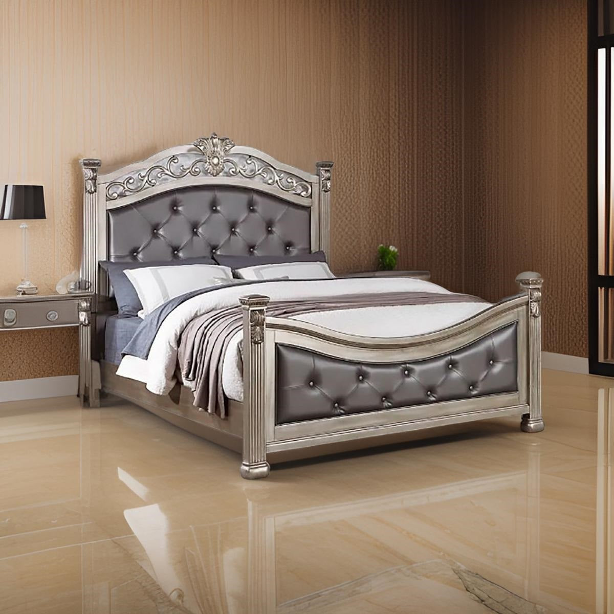 Formal Traditional Antique Silver 1pc Queen Size Bed Tufted Faux Leather Headboard Footboard Bedframe