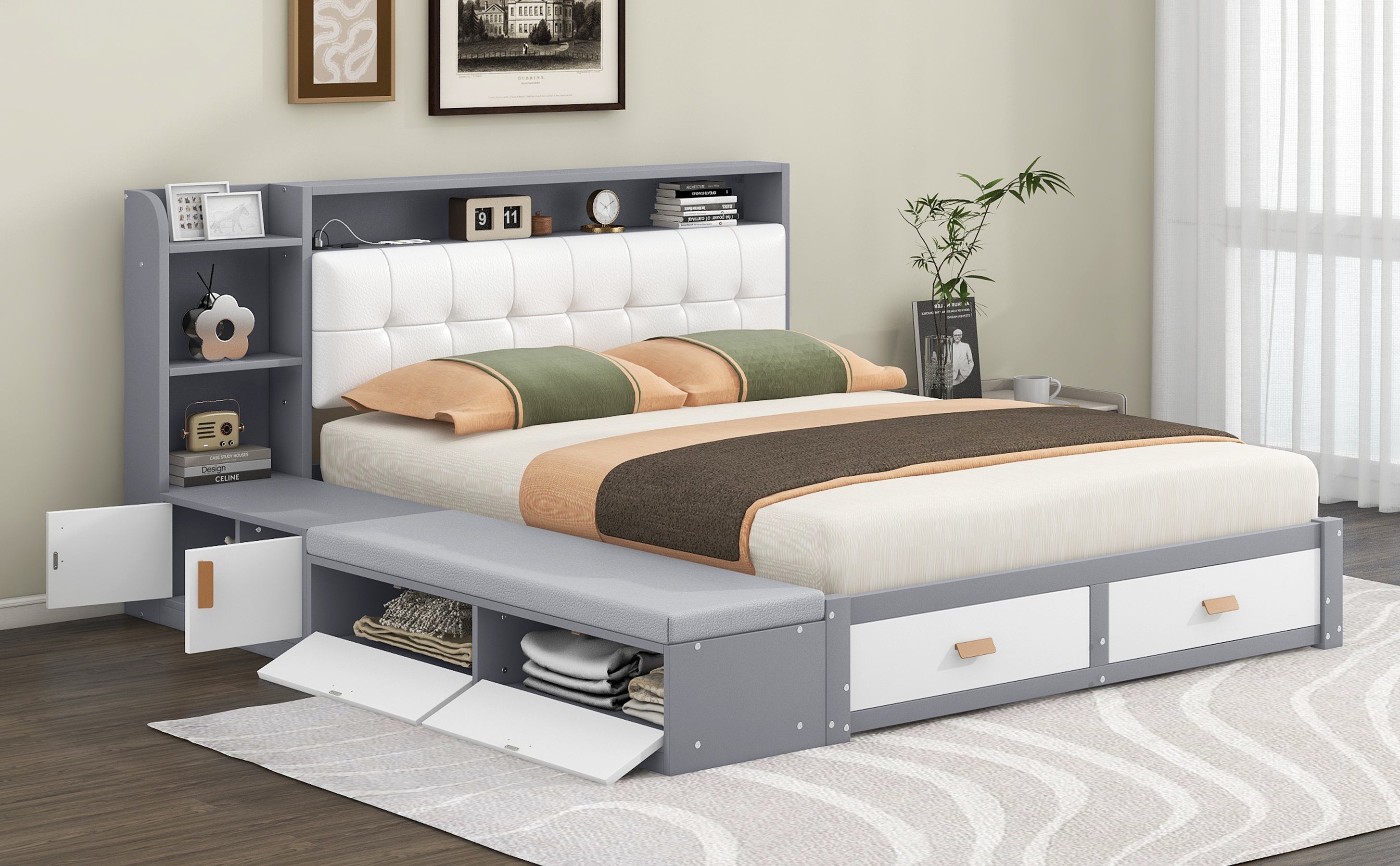 Queen Size Low Profile Platform Bed Frame with Upholstery Headboard and Storage Shelves and Drawers,USB Charging Design,Gray - Atlantic Fine Furniture Melbourne FL